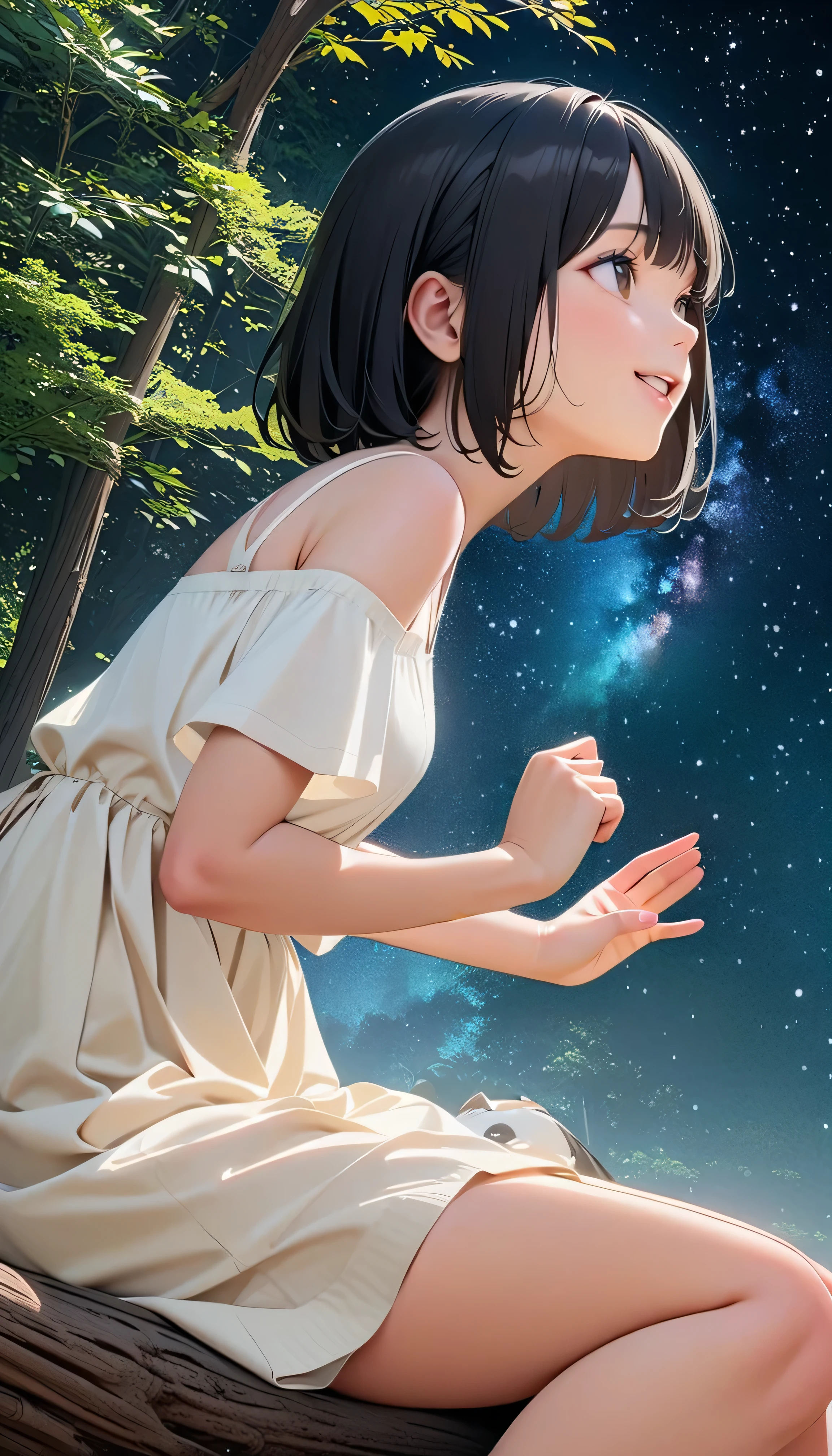 (best quality:1.2, 非常にdetailsな, newest, best quality, Best Aesthetics), 8K Ultra HD, 非常にdetailsな, details, Bold composition, (Perfect human anatomy), beautiful and very delicate texture, Delicate and Dynamic, romantic and sweet style, concept art style, 非常に複雑なdetails, the contrast between light and dark is clear, Structured, fantastic night, light gradation , Vivid and gentle colors, An old tree, Fantastic starry sky, backlight, One nice girl, 非常にdetailsな目と顔, Dark Eyes, smooth skin texture , shiny skin, kind expression, Girl sitting on a tree branch, smiles, black hair, bob cut, very young, short, sex, light clothing, 2.5d, realistic, looking up at the sky, angle from below
