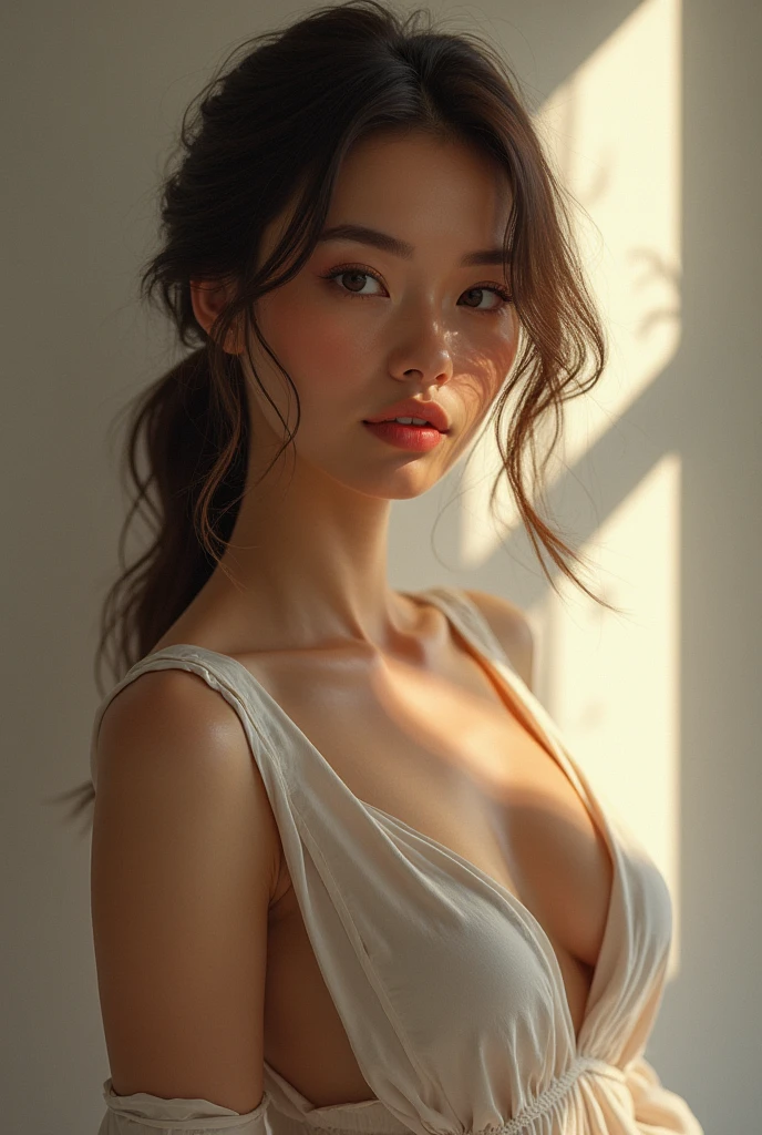 asian lady, She is wearing a soft pink sweater relaxed neckline that casually ((drapes off one shoulder)), exposing slender shoulders with ((black bra trap)), ample bust,  highlighted by the rays of light creating a radiant effect on her skin. , mid-shot , light rays, warm atmosphere , light through hair, ((mid-shot, full body, slender waist)), Hair Up Do、 Glowing eyes, nose blush, Carl Larsson, Alfonse Mucha, Chiaroscuro, Film Glenn, reflective light, (((mid-Shot))), knee to top, ((())), masterpiece, high details, ((gray background, studio light ))