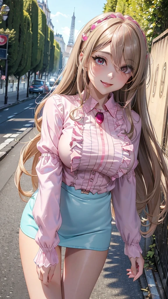(masterpiece、Highest quality、Very detailed))、One girl、gyaru、((Brown skin:1.3))、Blonde、Long Hair、blunt bangs、Wavy Hair、Grey Eyes、evil smile、((open mouth))、((tongue out))、((lots of piercing))、medium Breasts、((open white collar shirt))、necklace、((Pink satin bra with black lace,))、((Black pleated skirt))、((micro miniskirt))、Thick thighs、
dynamic porse,
A huge intersection, a huge building visible in the distance, a glass building, electronic bulletin boards, traffic lights, street trees, lots of people, a blurred distant view, Cowboy Shot