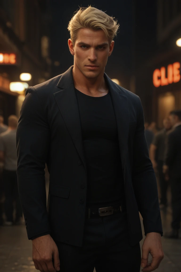 (masterpiece) (high resolution) (best quality) Ryan gosling opens his Shirt off in a front of a group Men. Wearing just a suit without a shirt underneath. He gets attention. He is just walking through them on a Street. Everyone wants to interact with ryan. He wears a paded coat with no Shirt inside