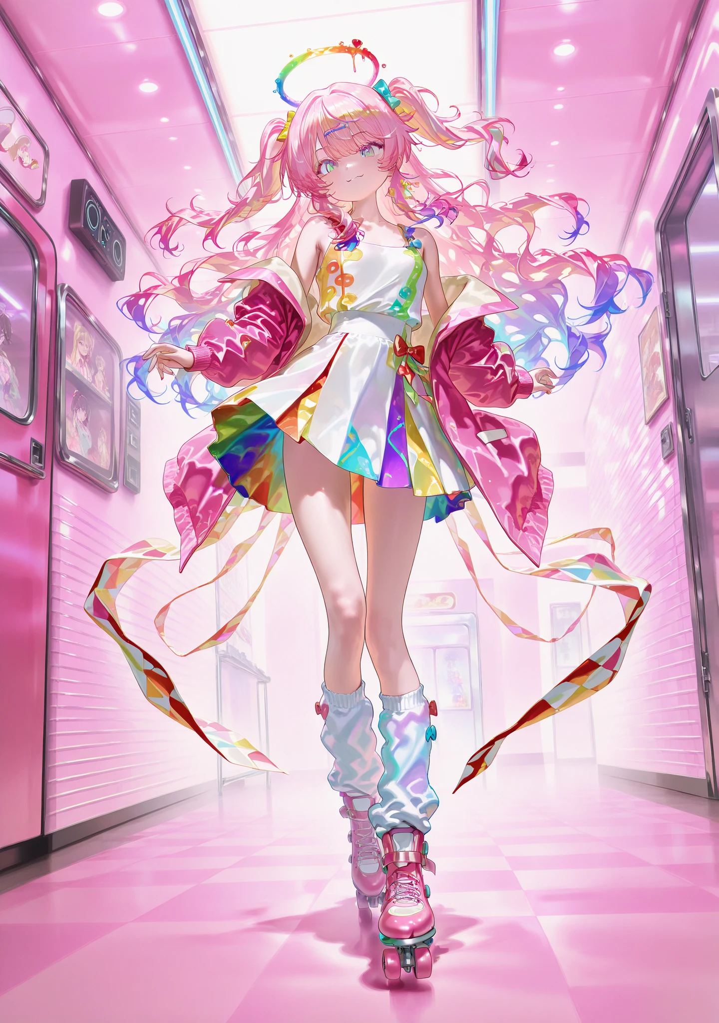 masterpiece,Highest Quality , newest , safe, beautiful woman in silya room 、Diner、colorful、roller skates、retro colors、long hair、beautiful face above the castle gate、loose socks、gal、Medium chest、full body、Complex pose、seen from below、 pop、wavy hair with a graceful expression