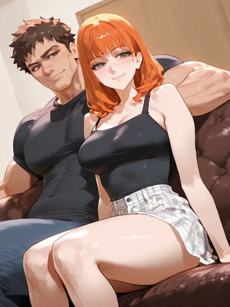 A hot woman, redhead sitting on a muscular man's lap