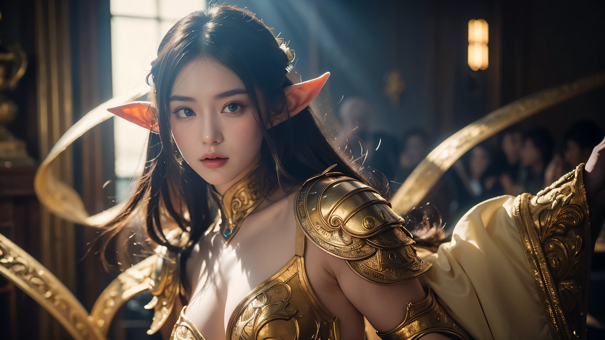 Beautiful portrait of a perfect female elf fighter , 完美特征, ( Wearing extremely baroque luxury elf armor ), Abstract Beauty , Big breasts , mouth closed ,Almost perfect, Pure Form, dynamic pose, mysterious background , (The Dark Side), (Strong cinematic lighting ), (rétroéclairé), 由Greg Rutkowski、 conceptual art by John William Waterhouse, intricate details, 8K Post-production, high resolution , Super Details, popular on ArtStation , sharp focus , depth of field/1.8, Studio Photos, (((Look directly into the camera ))). Upper Body Lens , in the morning,(The background is castle ruins)