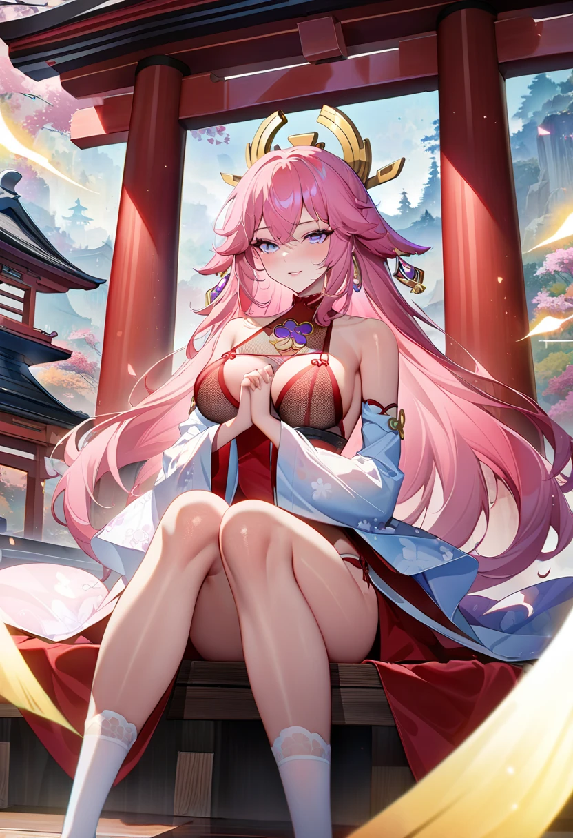 An adult woman with pink eyes, long bright pink hair with fox ears. Wears an elegant dress. She must be wearing a pink leggings. she comes from wonderland