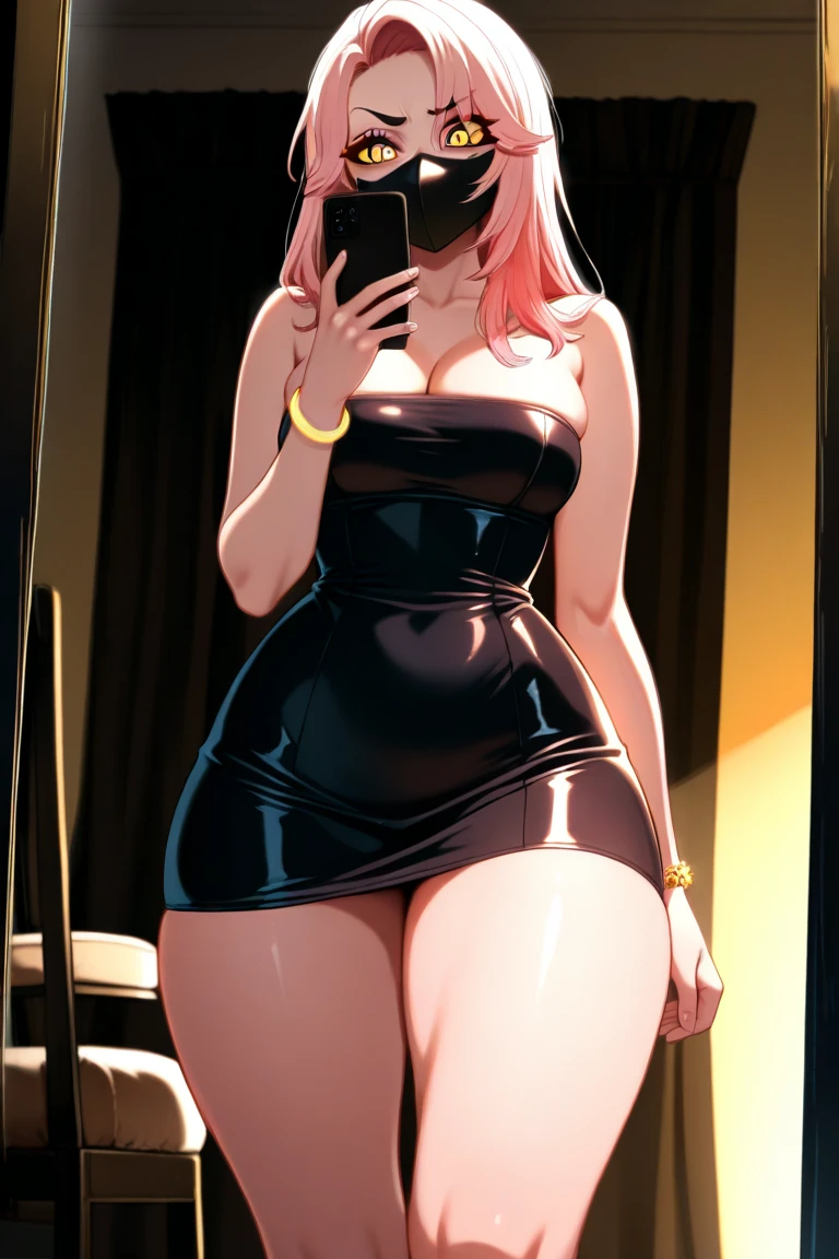 Young girl,with a very beautiful appearance,Medium breasts,beautiful physique,black hair tied into a high ponytail with a black elastic band,white eyes,With a rude look,dressed in a sexy black tight dress,erect nipples,sexy fishnet stockings and thigh straps, High Black Shoes,black choker on the neck, posing lewdly,Makes Achegao, is in a strip club