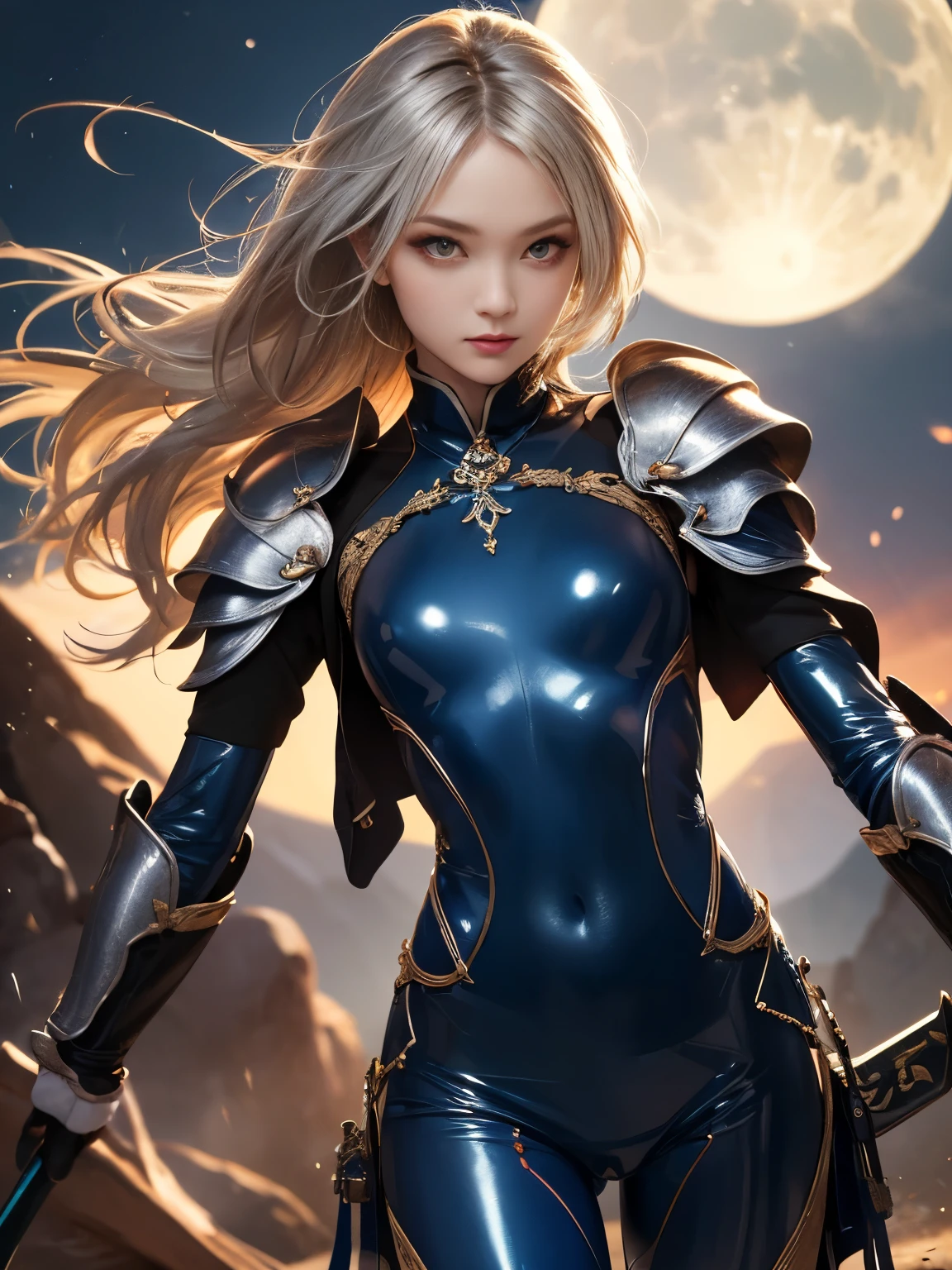 UHD, retina, masterpiece, accurate, anatomically correct, super detail, best quality, 8k, extremely precise in every detail, beautiful detailed glow, beautiful attention to detail, beautiful detailed eyes, One Ancient Chinese female soldier with a claymore on her back, wears a tight glossy full-length blue latex suit ornamented with silver Lily pattern, put a piece of silver short light-armor on her body, long blonde fishtail braid hair, glowing silver Crystal eyes, pretty face, flat chest like a boy, slender body, camel toe, moonlit wilderness, full moon, strong wind, her hair is fluttering in the wind