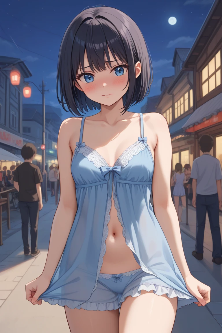 Highest quality , High resolution , Detailed CG , high school girl , short hair , Floral dress , Modest chest , Black Hair , Two limbs , Optimal ratio , Embarrassed expression , Burning cheeks , In town , Narrow alley at night , Dark back alleys in the city , Nipples are visible , touching one's own breasts with one's own hands , facial expression during orgasm , Hide behind a utility pole
