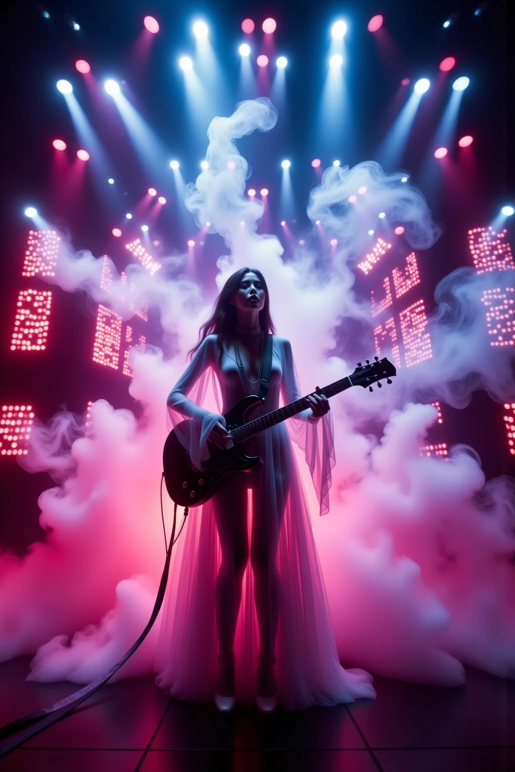 Cyberpunk,Vivid colors,Neon lighting,futuristic metropolis,A woman who sings passionately while playing a guitar on a gorgeous and huge stage,Stylish and funky style costume,Powerful smoke bursting from below makes the stage even more powerful,Colorful lights make the stage gorgeous,Woman showing dynamic stage dominance,A woman showing dynamic stage dominance,It is a scene where many spectators are holding and shaking lights, and the scale of the stage appears even larger,Dynamic pose,Expressive face,Professional scene direction,UHD,16K,32K,Future music show,Fine Details,