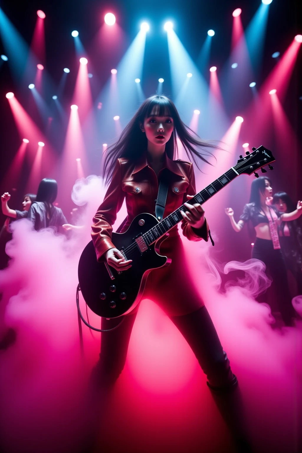 Cyberpunk,Vivid colors,Neon lighting,futuristic metropolis,A woman who sings passionately while playing a guitar on a gorgeous and huge stage,Stylish and funky style costume,Powerful smoke bursting from below makes the stage even more powerful,Colorful lights make the stage gorgeous,Woman showing dynamic stage dominance,A woman showing dynamic stage dominance,It is a scene where many spectators are holding and shaking lights, and the scale of the stage appears even larger,Dynamic pose,Expressive face,Professional scene direction,UHD,16K,32K,Future music show,Fine Details,