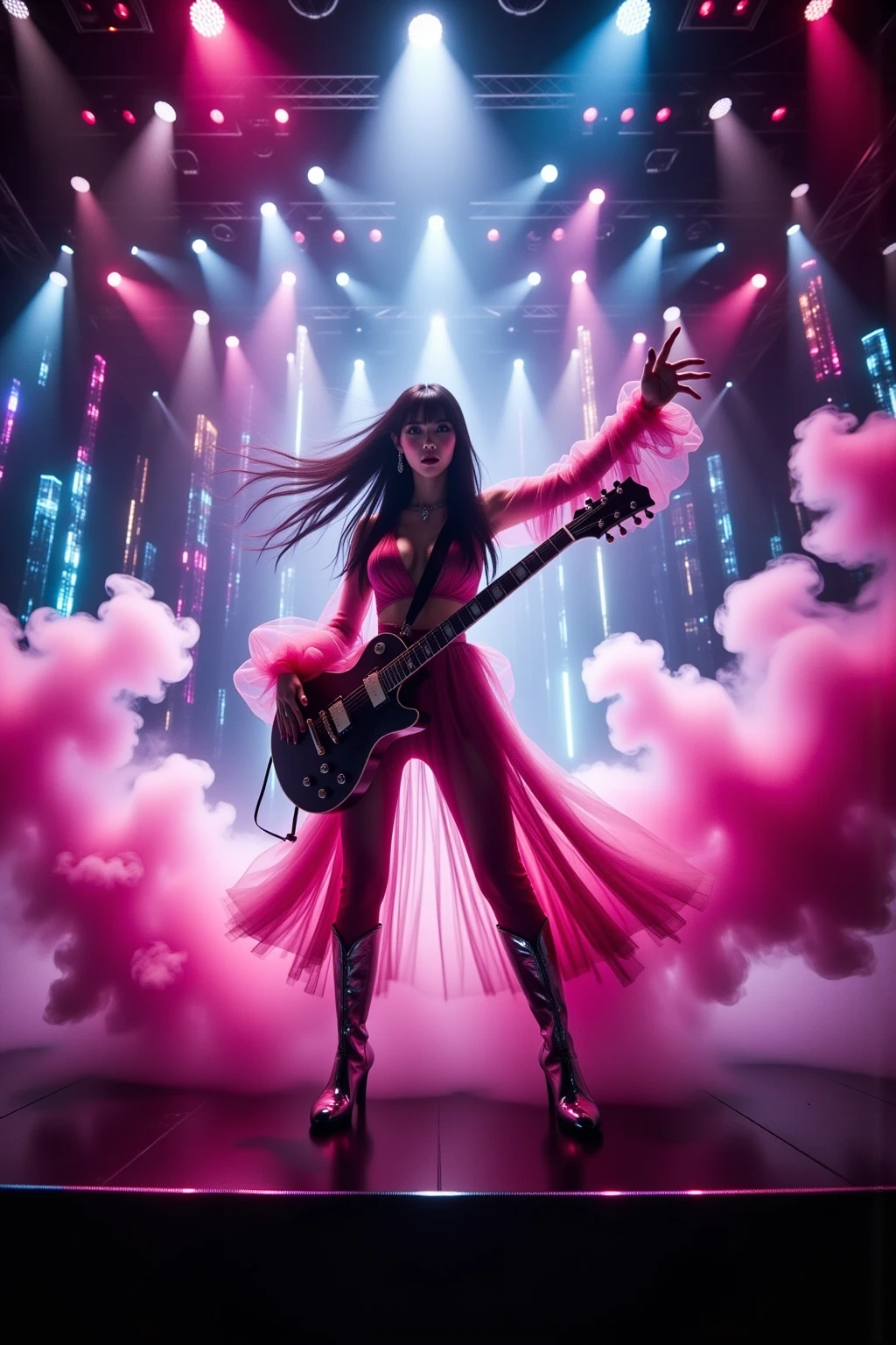 Cyberpunk,Vivid colors,Neon lighting,futuristic metropolis,A woman who sings passionately while playing a guitar on a gorgeous and huge stage,Stylish and funky style costume,Powerful smoke bursting from below makes the stage even more powerful,Colorful lights make the stage gorgeous,Woman showing dynamic stage dominance,A woman showing dynamic stage dominance,It is a scene where many spectators are holding and shaking lights, and the scale of the stage appears even larger,Dynamic pose,Expressive face,Professional scene direction,UHD,16K,32K,Future music show,Fine Details,