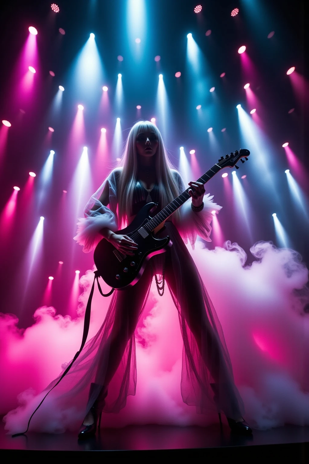Cyberpunk,Vivid colors,Neon lighting,futuristic metropolis,A woman who sings passionately while playing a guitar on a gorgeous and huge stage,Stylish and funky style costume,Powerful smoke bursting from below makes the stage even more powerful,Colorful lights make the stage gorgeous,Woman showing dynamic stage dominance,A woman showing dynamic stage dominance,It is a scene where many spectators are holding and shaking lights, and the scale of the stage appears even larger,Dynamic pose,Expressive face,Professional scene direction,UHD,16K,32K,Future music show,Fine Details,