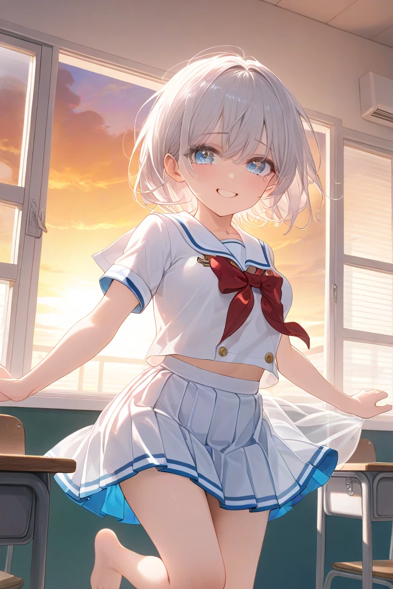 highest quality、realistic touch,High definition、Photoreal、thin waist、captive beauty、Big eyes、solid platinum blonde eyelashes、platinum blonde、Full body Esbian、sparkling eyes, My cheeks were flushed、thin waist、in the school classroom、she is in heat、cheeky look、Super short skirt with V-line visible、no sleeves、Navel look、Extremely short sexy sailor suit、、Angle from below、Breasts visible between uniform and stomach、sexy pose、thin and transparent clothes、a shy look、
