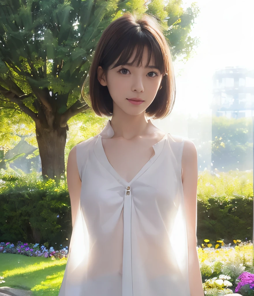 Best-quality, Masterpiece, Ultra-High-Resolution, (Photorealistic:1.4), Raw-Photo, 1girl, 15-years-old, the most famous Japanese idol, dynamic-pose, upturned ass, innocent-smile, looking at viewer, (wearing only white extremely see-through dress), (extremely cute face like the most popular Japanese idol), (extremely beautiful black-short-cut-haired), (((extremely beautiful big-black-eyes))), extremely beautiful skins, extremely beautiful long-eyelashes, extremely beautiful lips, extremely beautiful body wearing white-see-through-dress, extremely beautiful thighs
