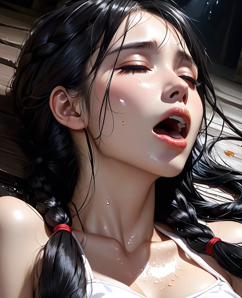 (masterpiece:1.3), (8k, Realistic, RAW Photos, highest quality: 1.4), ((1 Kayako)), Beautiful Face, (Realistic Face), (Black Hair, Long Hair:1.5), Beautiful hairstyle, ((The face is hidden by bangs:1.3)), Realistic eyes, ((White of the eyes:1.2)), Beautiful fine details, (Voluptuous body), (Realistic Skin), Beautiful Skin, ((Pale skin:1.4)), Absurd, Charm, Ultra-high resolution, Ultra-realistic, Very detailed, Golden Ratio, ((Kneeling and giving a blowjob:1.2)), (Large Breasts), (Cleavage), ((Frowning)), (Flushed:1.0), (joy:1.2), (cum on face:1.3), NSFW ((Completely naked)), ((Looking up)), NSFW ((Blowjob, fellatio)), ((deep throat:1.1)), BRAKE ((1boy, 1penis:1.2, real penis)), ((Thick penis)), ((cum on face:1.3)), (cum on mouth:1.2), (projectile cum:1.3), (excessive cum:1.2), ((very dark bathroom)), ((steam:1.2)), ((Side view))