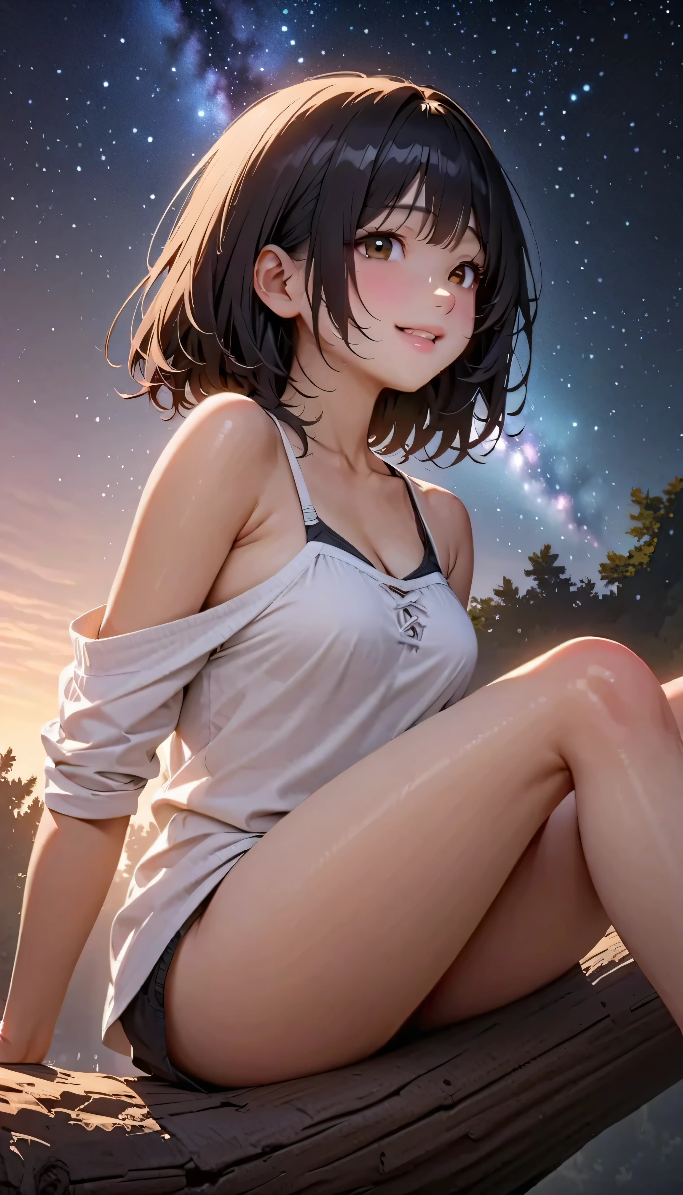(best quality:1.2, 非常にdetailsな, newest, best quality, Best Aesthetics), 8K Ultra HD, 非常にdetailsな, details, Bold composition, (Perfect human anatomy), beautiful and very delicate texture, Delicate and Dynamic, romantic and sweet style, concept art style, 非常に複雑なdetails, the contrast between light and dark is clear, Structured, fantastic night, light gradation , Vivid and gentle colors, An old tree, Fantastic starry sky, backlight, One nice girl, 非常にdetailsな目と顔, Dark Eyes, smooth skin texture , shiny skin, kind expression, Girl sitting on a tree branch, smiles, black hair, very young, short, sex, light clothing, 2.5d, realistic, looking up at the sky, angle from below