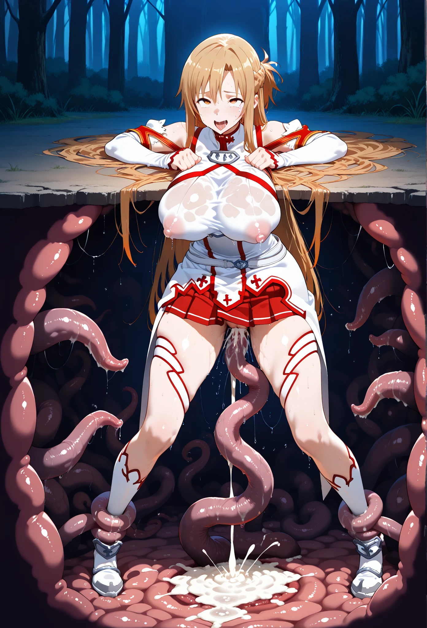 ((masterpiece)), ((best quality)), (ultra-detailed), ((extremely detailed)), 4K, (8K), best quality, (beautiful), anime style, upper body, heavy outline, clear outline, full body focus, tentacle pit, (((Asuna, SAO))), (nude), ((beautiful orange eyes)), large breast, (ahegao, blush, sweat, open mouth, rolling eyes, tongue out),((tentacle bound wrists,tentacle bound arms,tentacle bound legs)),(tentacles,tentacles sex,vaginal:1.5), shiny-glistening, gleaming