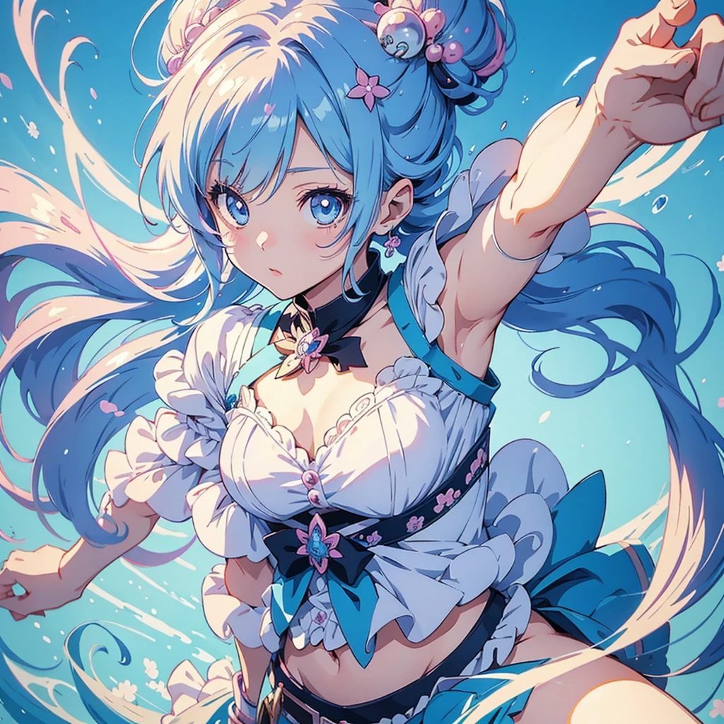A beautiful japanese girl, Tiffany blue hair, Tiffany blue hair, Short hair, (With metal rabbit ear headband: 1.2), full bodyesbian, (Exquisite features: 1.5), Put on fantastic clothes, Surrealist frilled skirt, The color of the dress is Tiffany blue and pink gradient, There are pink marshmallows around,Like coral, Dance on pink dotted with black butterflies, The overall ambient color is Tiffany, style of surrealism, artistic photograph, in wonderland, Tiffany's dream, Soft dreams, Transparent light, high-definition photography, big breasts, cleavage, arms behind back,