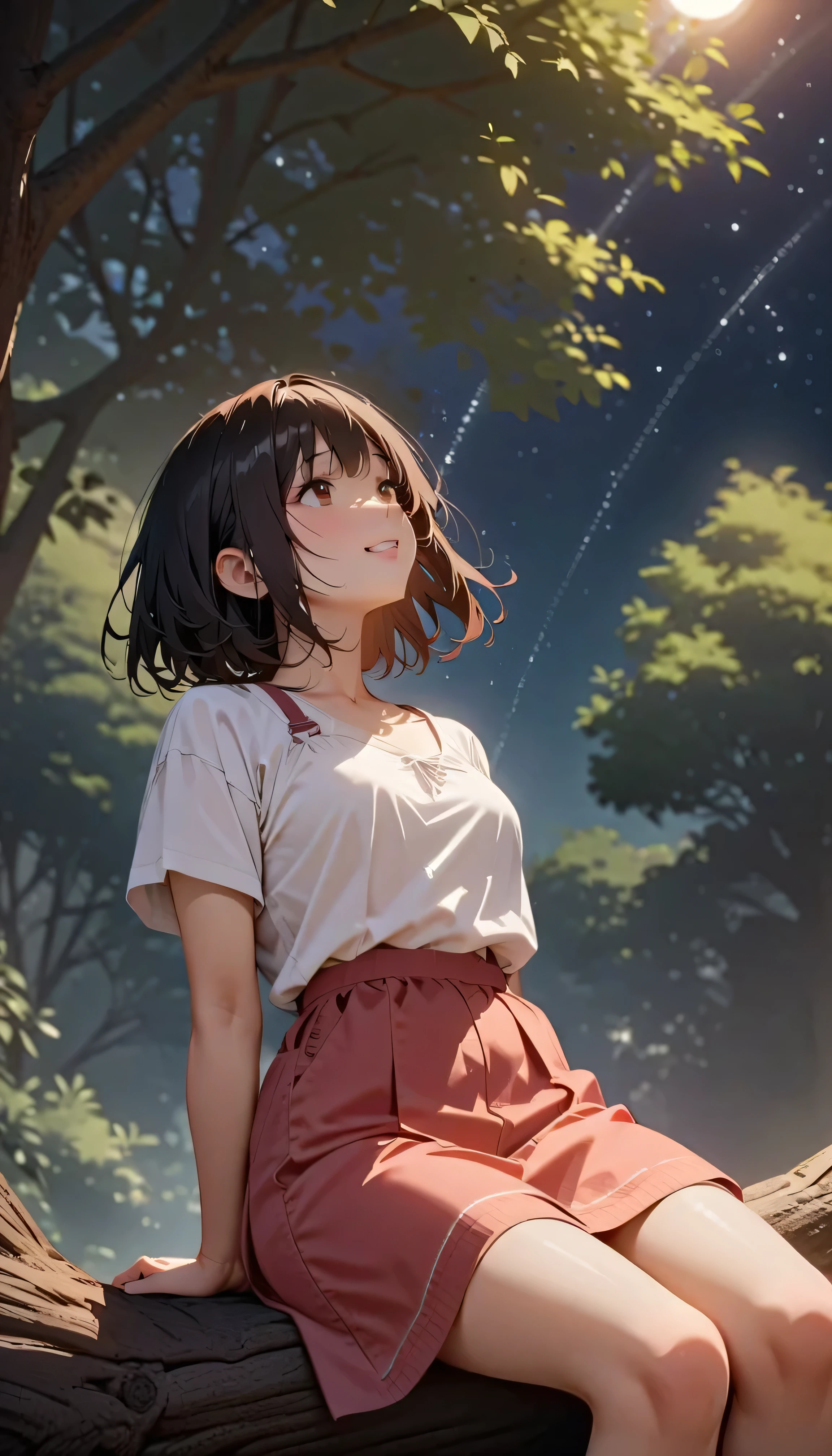 (best quality:1.2, 非常にdetailsな, newest, best quality, Best Aesthetics), 8K Ultra HD, 非常にdetailsな, details, Bold composition, (Perfect human anatomy), beautiful and very delicate texture, Delicate and Dynamic, romantic and sweet style, concept art style, 非常に複雑なdetails, the contrast between light and dark is clear, Structured, fantastic night, light gradation , Vivid and gentle colors, An old tree, Fantastic starry sky, backlight, One nice girl, 非常にdetailsな目と顔, Dark Eyes, smooth skin texture , shiny skin, kind expression, Girl sitting on a tree branch, smiles, black hair, very young, short, sex, light clothing, 2.5d, realistic, looking up at the sky, angle from below