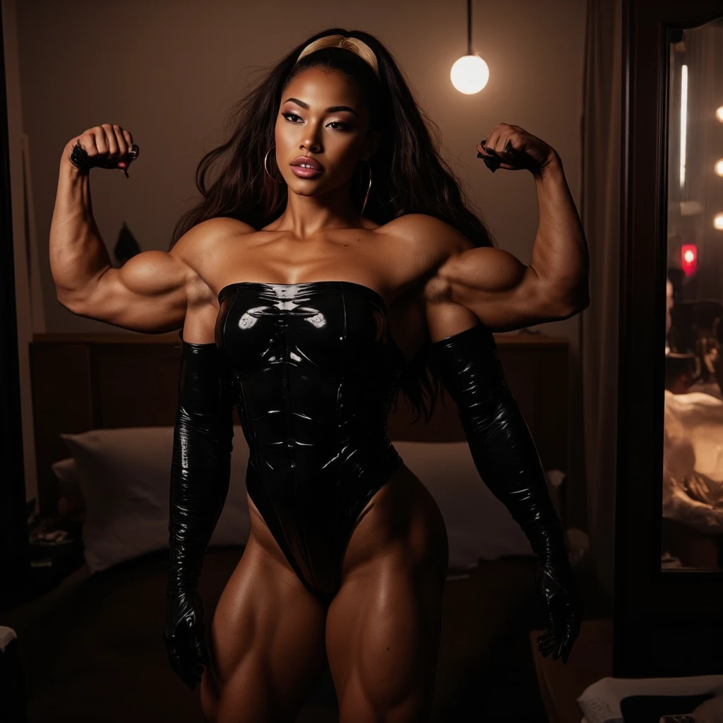 40 year old black woman, bodybuilder, silk lingerie, latex boots, standing next to curtain window in hotel room