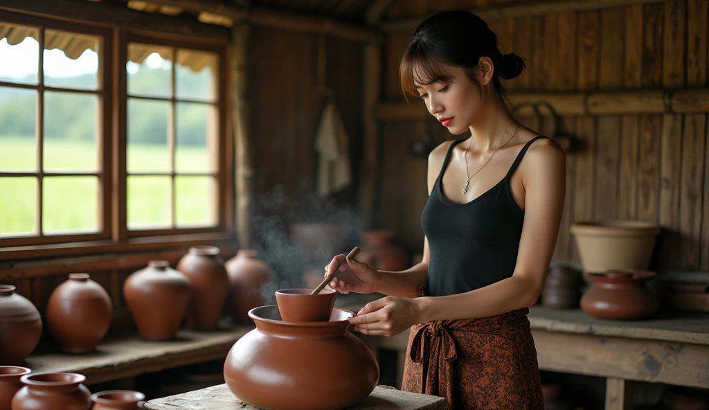 indian woman making a pot, on a pottery wheel, wearing a sexy sari