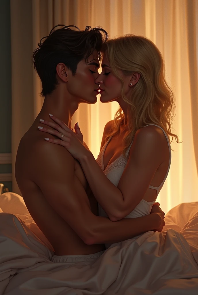 { 1girl, in a dark secret sexual social club among rich men, at night, ((surrounded by 2 old men laughing)), ((lean forward)), ((being grabbed on a breast)), (kissing to another man), (seen from front side, wide view) }, { (masterpiece:1.6), (absurd resolution:1.4), (best quality:1.7), (photo realistic:1.7), (Luminous lighting:0), (Chiaroscuro:1.5), (((low key))) }, { (makeups),(young, 20 years old),(blushed),(aroused:1.6),(weeping),(panting), ((oily shiny skin)), ((slender body)), (beautiful big pelvis), ((blonde)) long hair }, { ((see-through)) ((white fetish costume dress)), ((underboob)), ((pubic hair)), tiara }