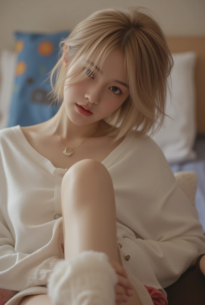 (a Japanese cute girl、top-quality、8K、32K、masterpiece、nffsw:1.2)、((inside in room、Sitting in bed))、(((1人の女性:1.5)))、((White Hair 1:5、Wolfhair))、((Left and right symmetrical eyes、Eyes of the same size on the left and right、Balanced face))、((Wear a sweater))、((tiny chest))、((Balanced body、Slim body、Model body type))、wall-paper、hposing Gravure Idol、女優、plump thighs
