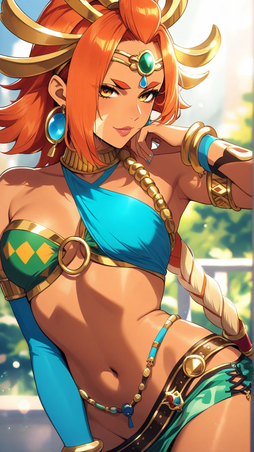 best quality, high resolution, large breasts, red hair, blush, embarrassed, cowboy shot, looking at viewer, Riju, blue lip,