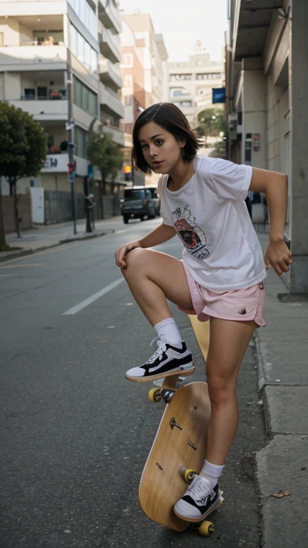 skater girl, standing on street, camera with 105mm lens, 1,4 Aperture, 