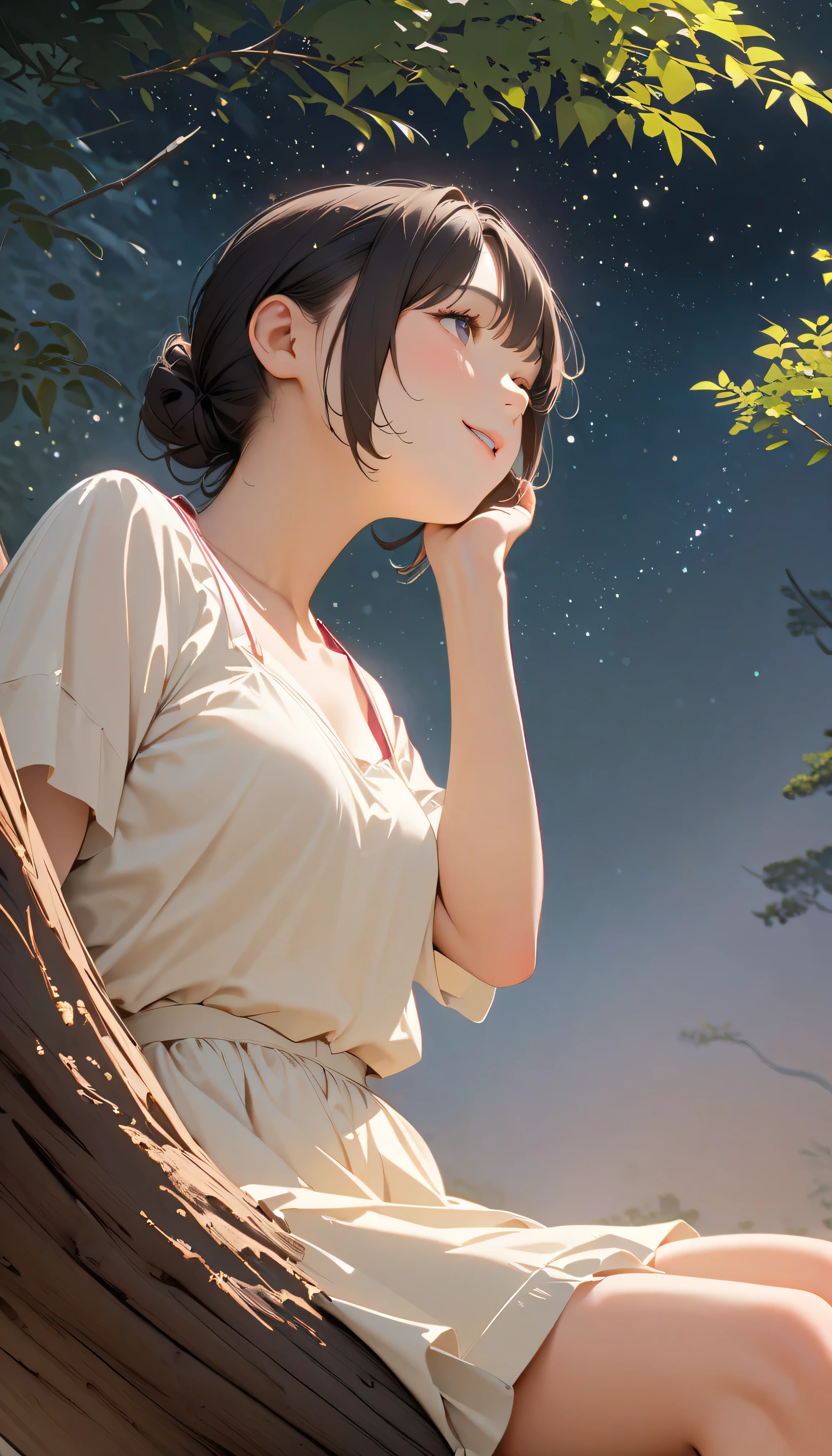 (best quality:1.2, 非常にdetailsな, newest, best quality, Best Aesthetics), 8K Ultra HD, 非常にdetailsな, details, Bold composition, (Perfect human anatomy), beautiful and very delicate texture, Delicate and Dynamic, romantic and sweet style, concept art style, 非常に複雑なdetails, the contrast between light and dark is clear, Structured, fantastic night, light gradation , Vivid and gentle colors, An old tree, Fantastic starry sky, backlight, One nice girl, 非常にdetailsな目と顔, Dark Eyes, smooth skin texture , shiny skin, kind expression, Girl sitting on a tree branch, smiles, black hair, young, light clothing, 2.5d, realistic, looking up at the sky, angle from below