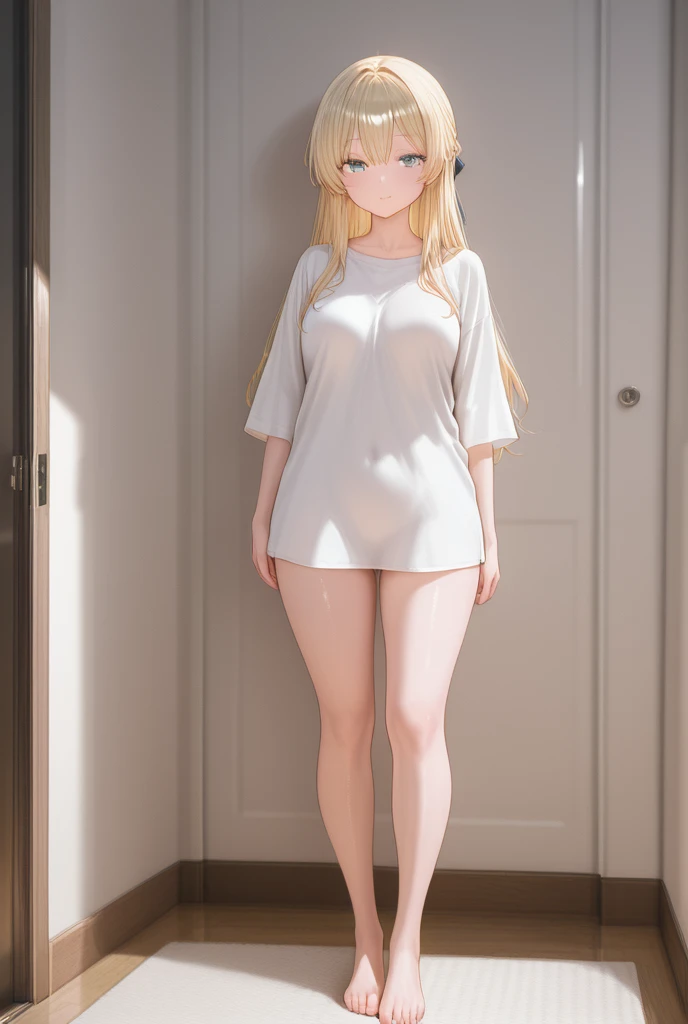 a full-length girl in comfortable home clothes, masterpiece, top-quality, realisitic, ultra-detailliert, long blonde hair, Brown-eyed, slender, hight resolution, sharp focus, depth of fields, realistic pupils. beautiful and slender body, perfect body, in a comfortable home clothes, Shoes on her feet