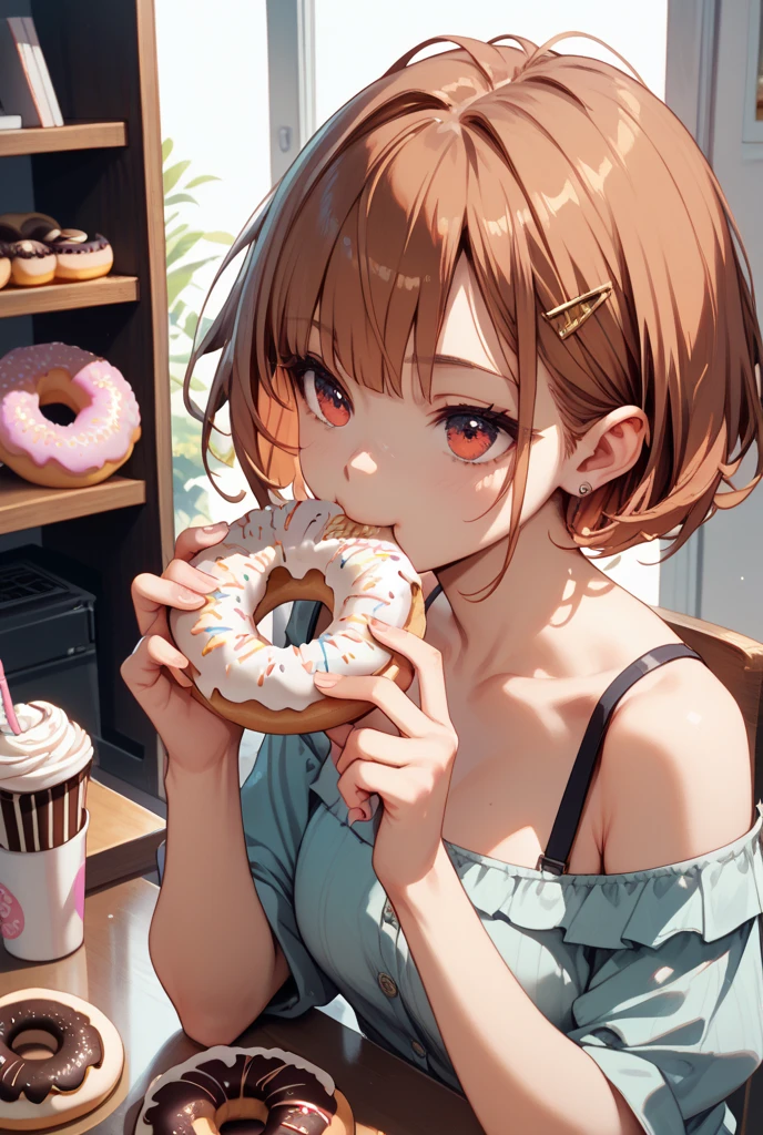 ((kitchen)), cute illustrations:1.2, masterpiece:1.2, highres, ultra detailed, 16k, CG, highest quality, surreal, extremely shiny skin, beautiful detailed eyes, perfect anatomy, perfect hands , perfect fingers, perfect legs, highly detailed background, natural lighting, subtle soft Light, perfect lighting, (hyper realistic, illustration, 2D:1.3), (face focus: 1.4), (from below: 1.2),(1 girl, cute, very smiling, medium-breasts), (medium wavy hair, blunt bangs), purple dip-dyed hair, medium hair pink eyes, big eyes, holding a donut, eating a donut:1.4, dynamic pose, cute sundress, bare-shoulder, strapless, clevage, (table with donuts in the foreground: 1.2), hearts