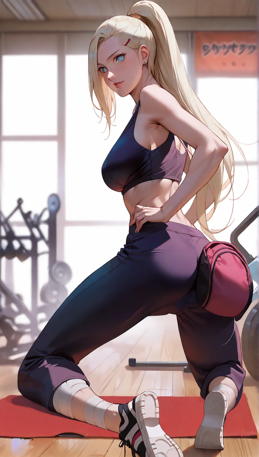 Best quality, massive breasts, massive ass, very curvy, dark brown skin, long blond hair, yellow eyes, slutty, gyaru, full lips, seductive, smiling, gym, workout, exercise, white clothes, yoga pants, gym, lifting, heavy lifting, darkskin, tan, white clothes, cowboy shot, low angle,