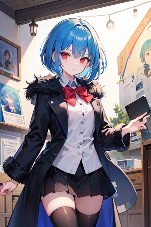 Hatsune Miku、Cut the seat、Cat ear、blunt bangs、bob cut、drunken eyes、sky blue hair、three view drawing, front and back and side、messy hair、black shirt、pleated skirt、messy hair、Sloppy、cross-eyed、drunk、turned around、( stupid / sexual ecstasy)、turned around、glasses、highest quality, realistic, Super delicate illustration, beautiful and charming anime girl, slender body, girl pictures, full body shot, beautiful blue eyes, turned around,