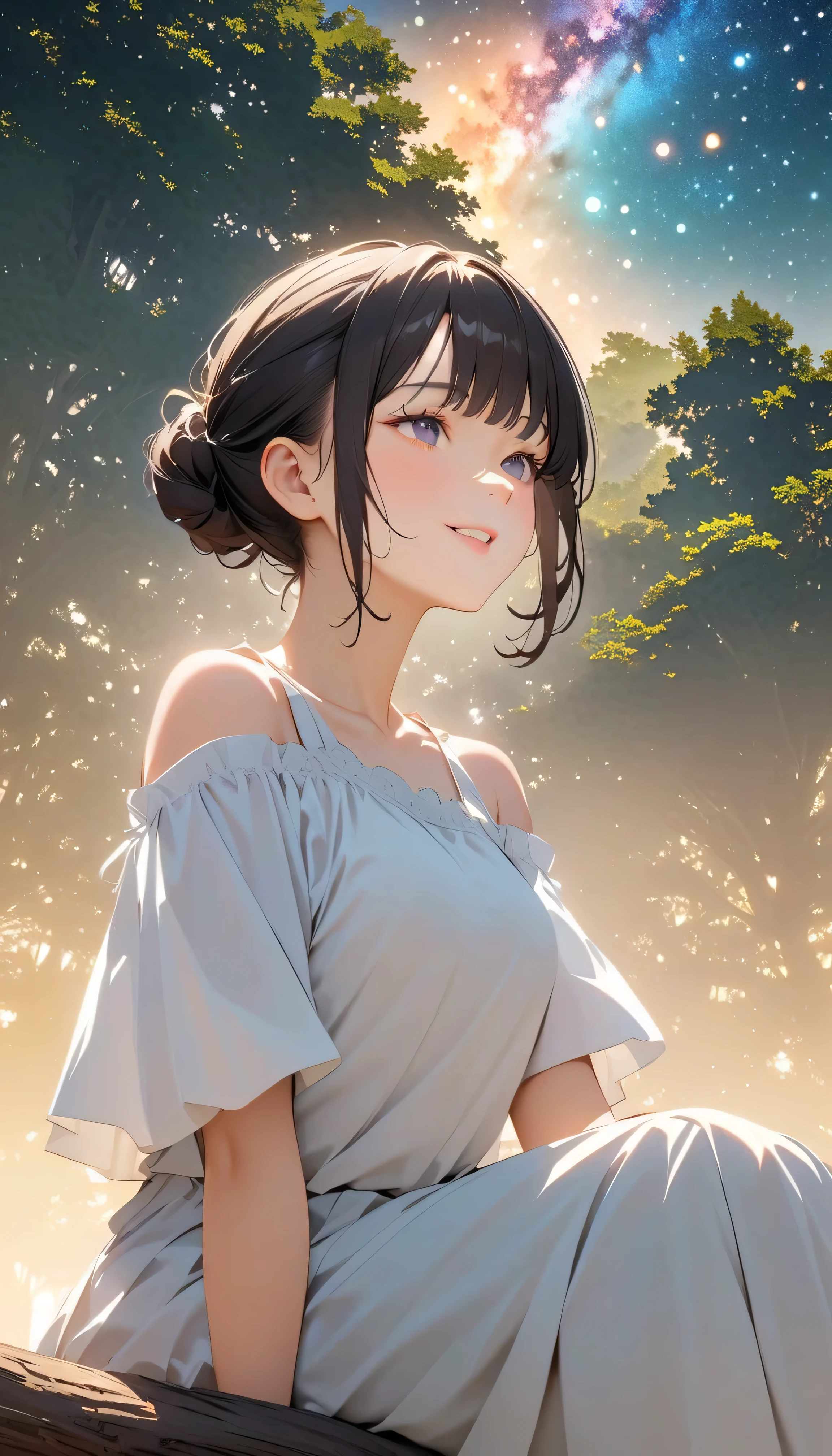 (best quality:1.2, 非常にdetailsな, newest, best quality, Best Aesthetics), 8K Ultra HD, 非常にdetailsな, details, Bold composition, (Perfect human anatomy), beautiful and very delicate texture, Delicate and Dynamic, romantic and sweet style, concept art style, 非常に複雑なdetails, the contrast between light and dark is clear, Structured, fantastic night, light gradation , Vivid and gentle colors, An old tree, Fantastic starry sky, backlight, One nice girl, 非常にdetailsな目と顔, Dark Eyes, smooth skin texture , shiny skin, kind expression, Girl sitting on a tree branch, smiles, black hair, young, light clothing, 2.5d, realistic, looking up at the sky, angle from below