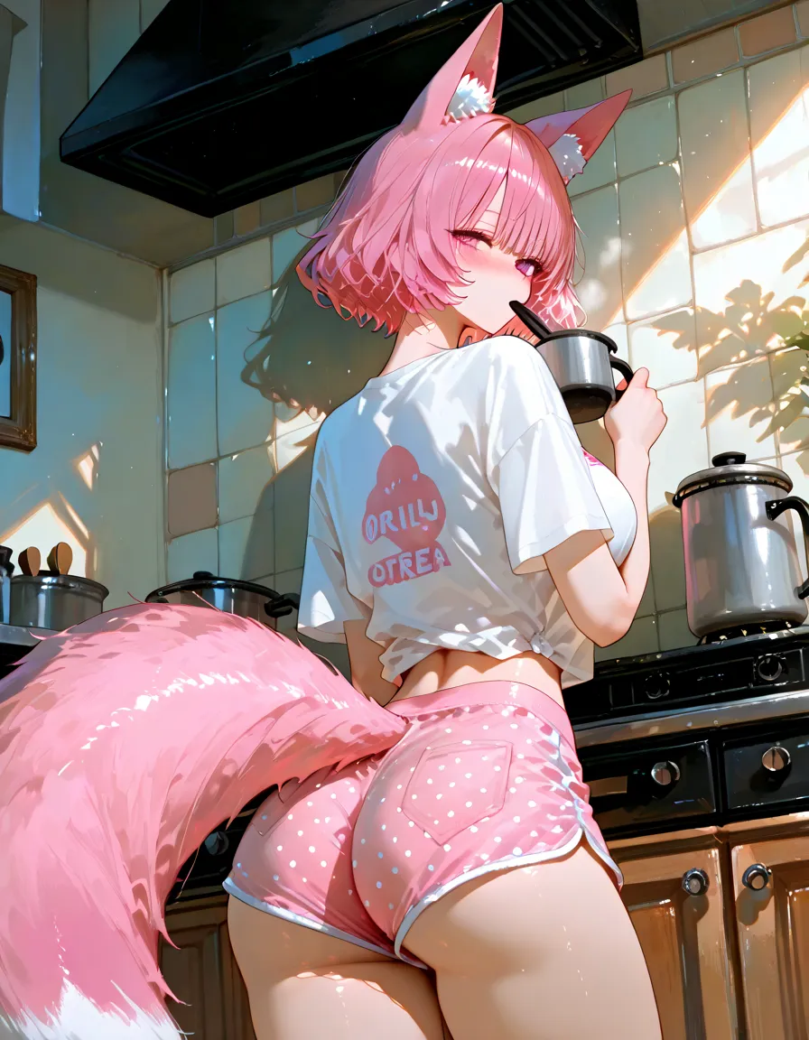 Best quality, highly detailed, ultra detailed, 1 very Dark brown skin boy, chocolate skin, flat chest, male chest, curvy body, long dreadlocks, pink dreadlocks, pink eyes, cat ears, lipgloss, wearing white croptop, biker shorts, booty, shower background, wet