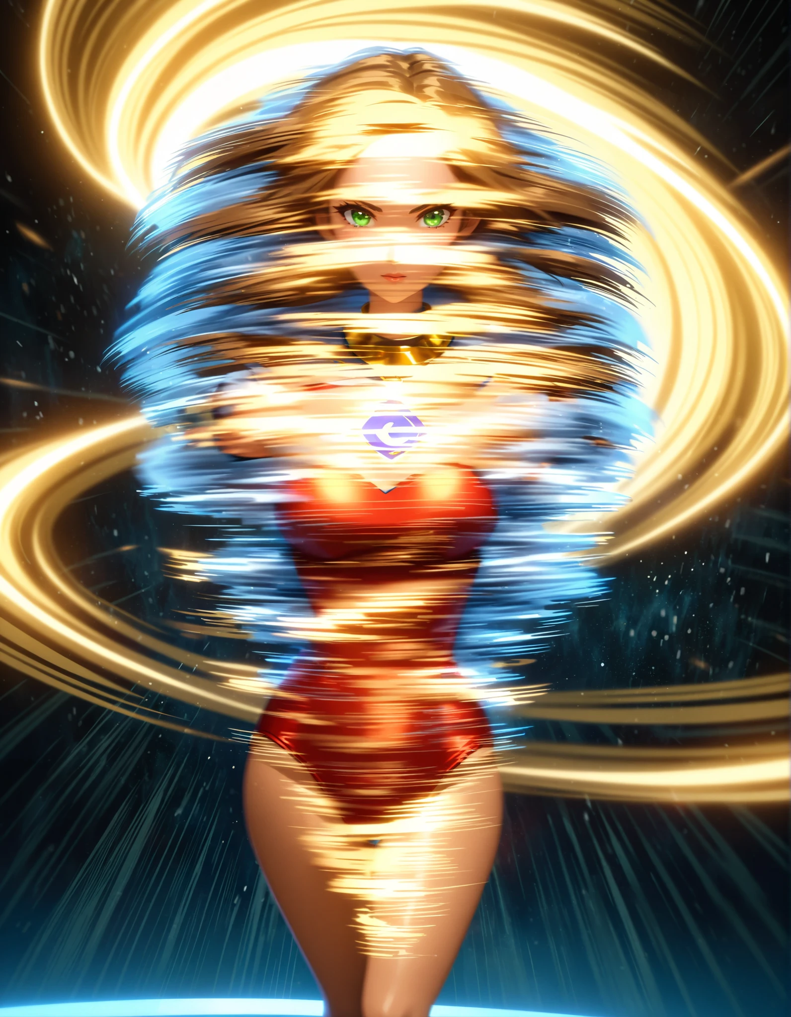 Movie scene, dark, mid-length close-up [Nicole Aniston], blonde hair, movie scene, cowboy shot, beautiful woman, blonde, long hair, fringe hair, strong, beautiful, super girl DC comics, blue and red swimsuit, red and gold cloak, energy, action, impactful, floating in the air, down, night energy