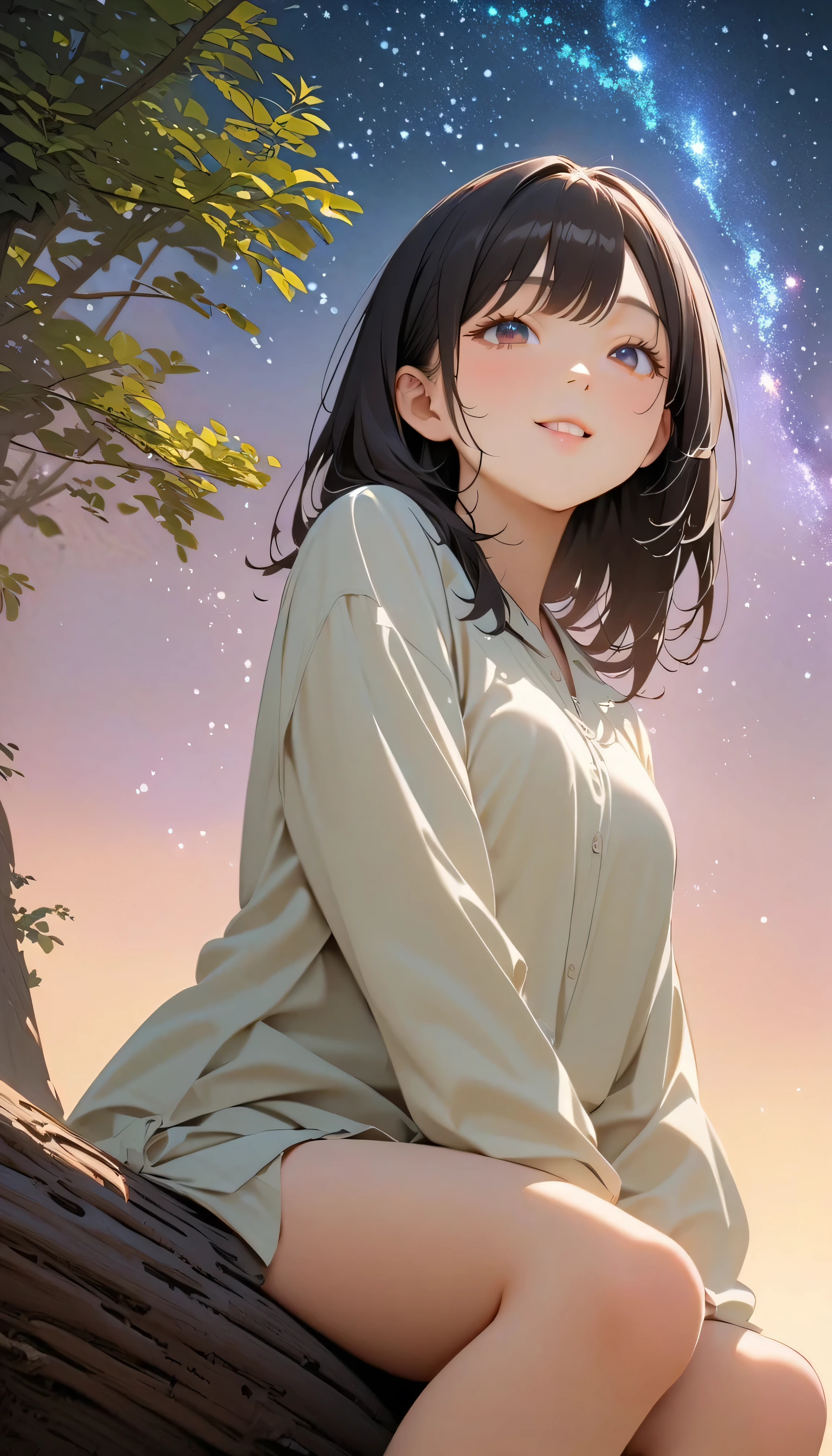 (best quality:1.2, 非常にdetailsな, newest, best quality, Best Aesthetics), 8K Ultra HD, 非常にdetailsな, details, Bold composition, (Perfect human anatomy), beautiful and very delicate texture, Delicate and Dynamic, romantic and sweet style, concept art style, 非常に複雑なdetails, the contrast between light and dark is clear, Structured, fantastic night, light gradation , Vivid and gentle colors, An old tree, Fantastic starry sky, backlight, One nice girl, 非常にdetailsな目と顔, Dark Eyes, smooth skin texture , shiny skin, kind expression, Girl sitting on a tree branch, smiles, black hair, young, light clothing, 2.5d, realistic, looking up at the sky, angle from below