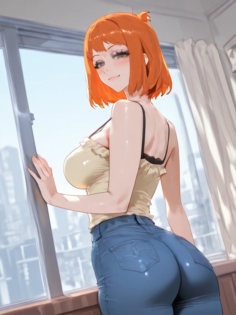 1girl,annoyed,ass,breasts,from behind,from below,frown,green eyes,hair ornament,hairclip,huge ass,jiggle,large breasts,orange hair,panties,pants,print pantiesshiny skin,shirt,short hair,sideboob,skindentation,solo,torn clothes,torn pants,underwear
