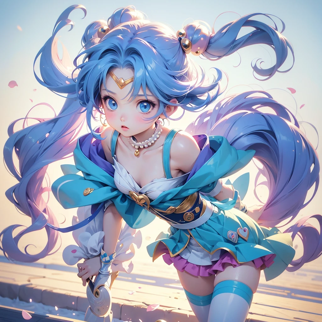 masterpiece, best quality,1girl, (little girl:1.2),cross-shaped pupils, nia teppelin, solo, long hair, multicolored hair, symbol-shaped pupils, open mouth, looking at viewer, smile, sleeveless, skirt, hair ornament, bare shoulders, arms behind back, dress, breasts,(kbxll:0.3)
