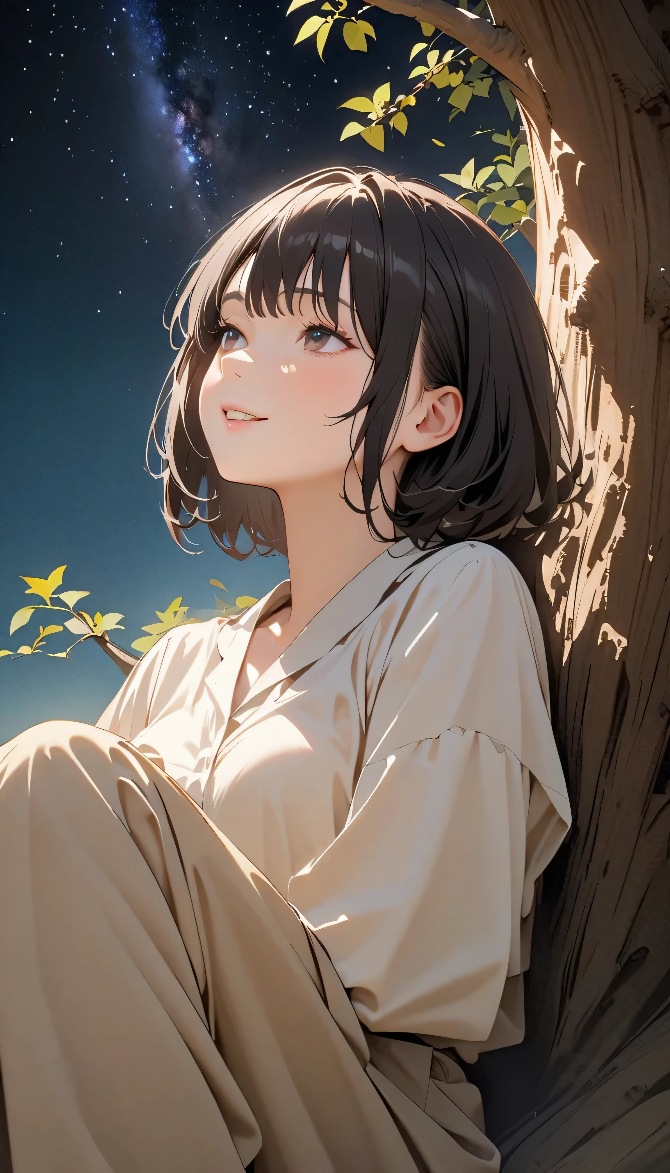 (best quality:1.2, 非常にdetailsな, newest, best quality, Best Aesthetics), 8K Ultra HD, 非常にdetailsな, details, Bold composition, (Perfect human anatomy), beautiful and very delicate texture, Delicate and Dynamic, romantic and sweet style, concept art style, 非常に複雑なdetails, the contrast between light and dark is clear, Structured, fantastic night,  light gradation , Vivid and gentle colors, An old tree, Fantastic starry sky, backlight, One nice girl, 非常にdetailsな目と顔, Dark Eyes,  smooth skin texture , shiny skin, kind expression, Girl sitting on a tree branch, smiles, black hair,  young,  light clothing, 2.5d, realistic, looking up at the sky, angle from below
