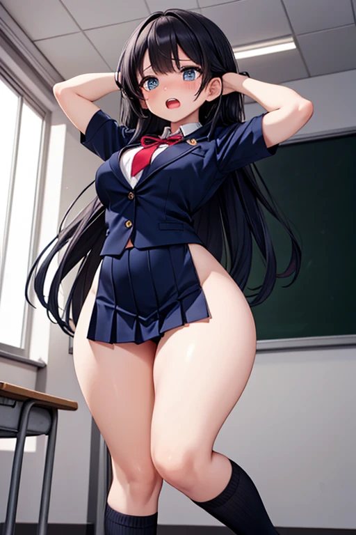 masterpiece、High resolution、High resolution、4K、8k、(((Stand with your feet apart、Big Breasts、Exposing the breasts)))、((Shiny underwear、Panties worn)))、Sailor Warrior Uniforms、Beautiful beauty、Long black hair、((whole body))、(((Photo taken from below)))、School、classroom、Large Breasts、Big Breastini skirt、Panties are black、Japanese、expensive、Long limbs、18-year-old、Sailor Mars、A beautiful nose like a model、Please put your hands on your hips、Natural smile、Sexy pose、Hairstyle: Long hair、Beautiful belly button、Absolute area、Cowboy Shot