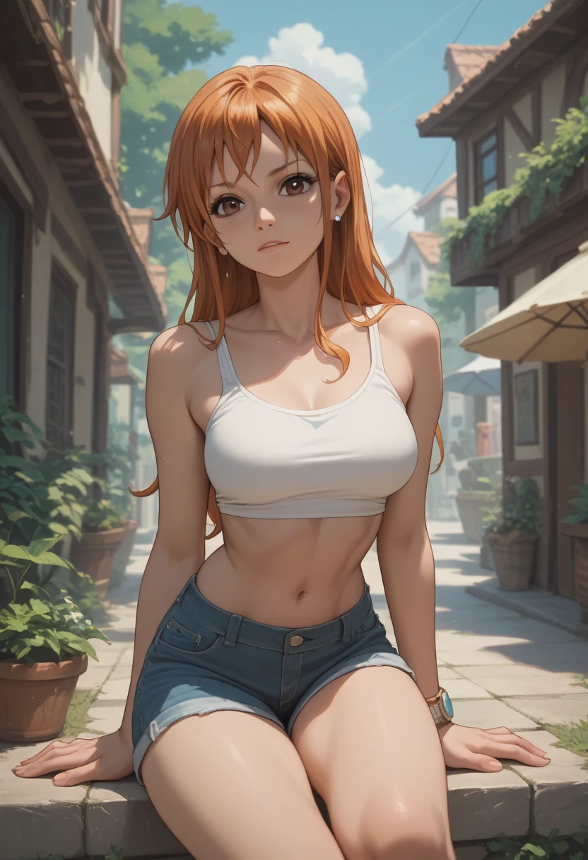 1girl, natural lighting, masterpiece, highly detailed, illustration, game CG, absurdres, high quality, beautiful detailed eyes, glossy lips, natural lighting, medium breasts, redhead, bangs, green eyes, freckles, sitting, bench, tank top, cleavage, short shorts, light smile