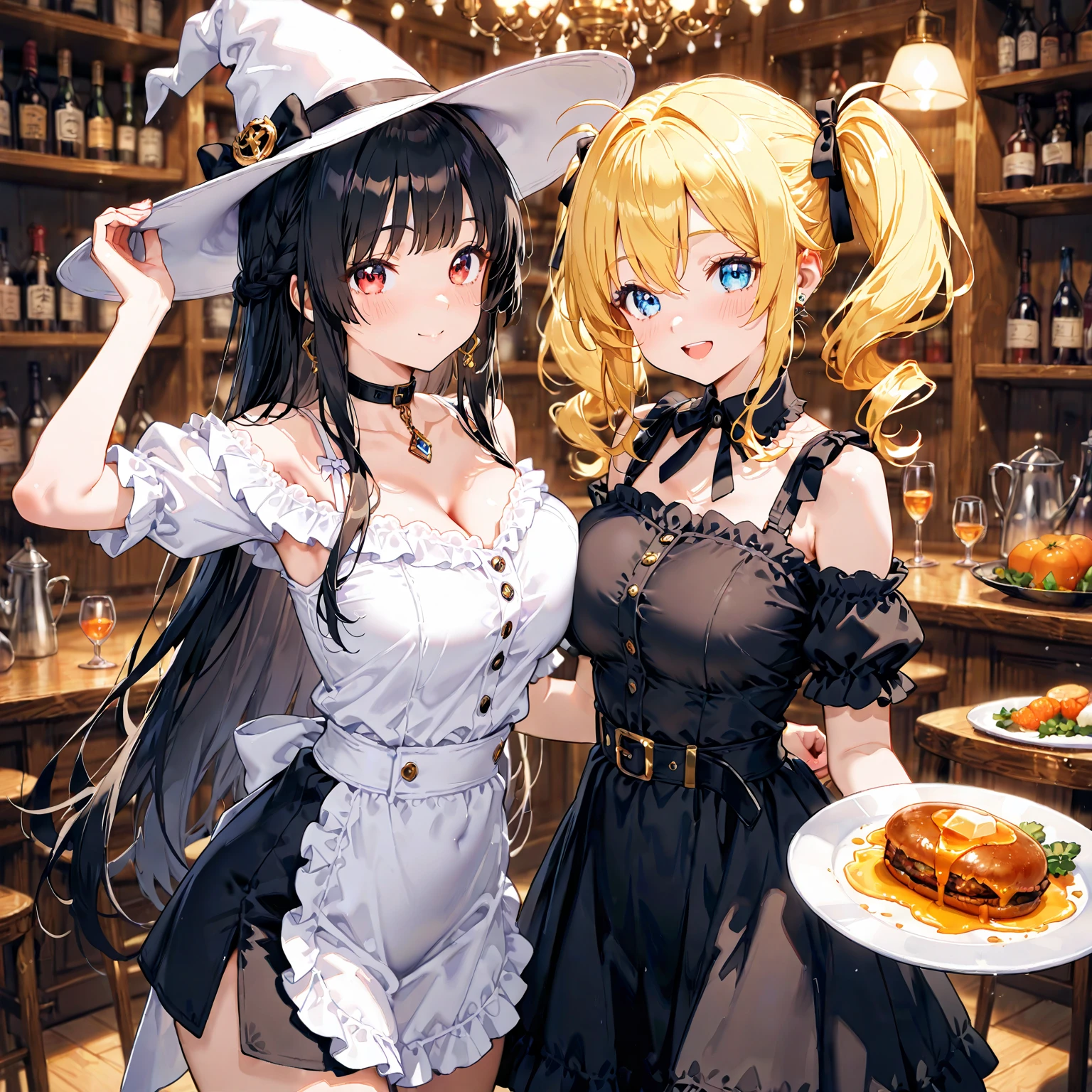 2 girls, twins, blonde and orange hair, long and short wavy hair, beautiful green and blue eyes, gorgeous girls, medium and large breasts, maid_dress and outlaw outfit, cute maid and outlaw with cunning expression