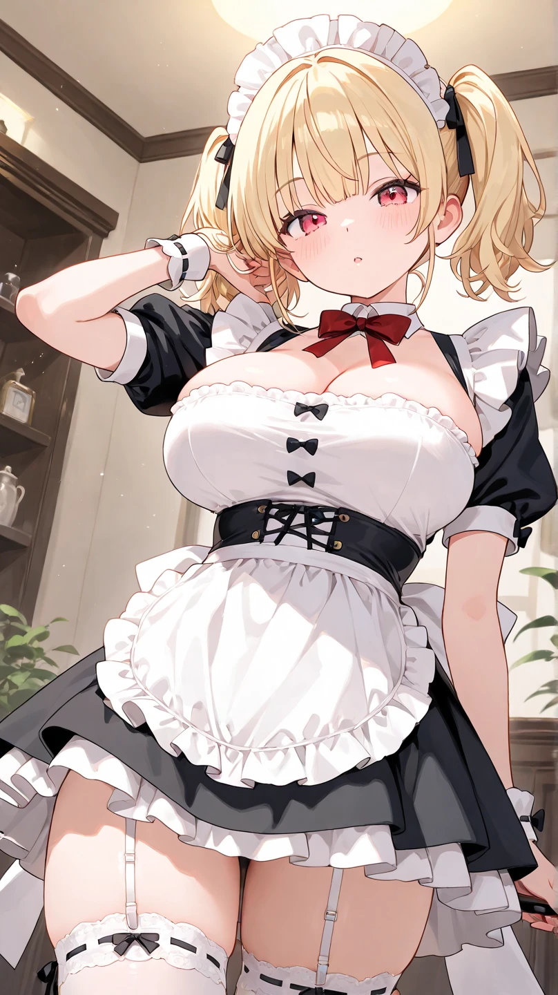 masterpiece, best quality, ultra detailed, highres, extremely detailed CG unity 8k wallpaper, perfect lighting,  very detailed background, Outdoor、beautiful and aesthetic,sharp focus, perfect face, Perfect hands、Perfect Fingers、Perfect toes、Five fingers、
1lady、 smiling、
Short blonde, large red eyes、delicate oval face、(flat breasts)、Looking up at the viewer、cleavage、
(Black maid outfit:1.5)、Ambient light、Volumetric Light、shoot from side、(Glowing Skin:1.3)