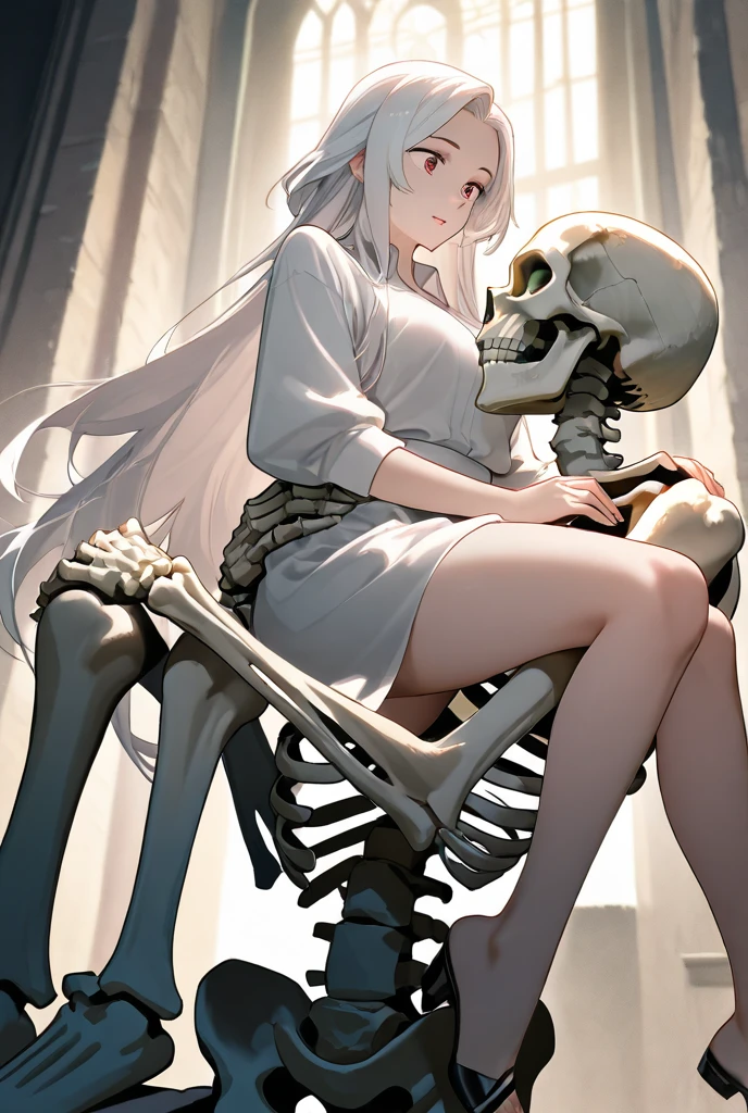 ((Masterpiece, dull coloring, dark lighting, solo, full body)), anime girl floating above the ground, slouched, neutral pose, cute face, ((white hair, long hair, wispy hair, white skin, thin body, slim body, skeleton body, bones, white bones, ribcage, skeleton torso)), long hair, ((purple eyes, purple sparkles)), straight hair, bangs, eye bags, black eyeliner, (ruins, rubble, abandoned wood buildings, outdoors, windows, light beams through windows, floating dust particles, plants, overgrown, post apocalyptic)