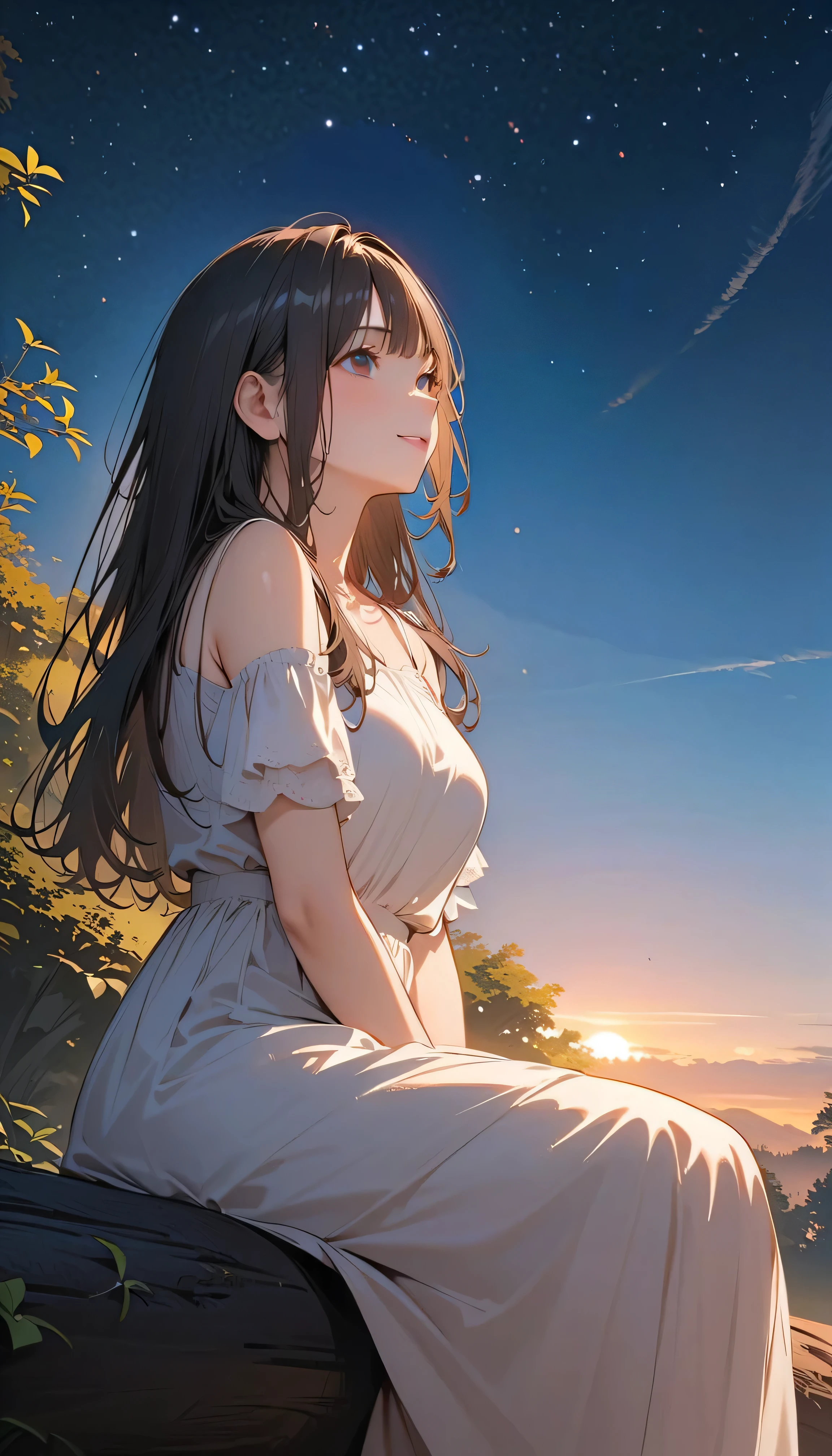 (best quality:1.2, 非常にdetailsな, newest, best quality, Best Aesthetics), 8K Ultra HD, 非常にdetailsな, details, Bold composition, (perfect human structure), beautiful and very delicate texture, Delicate and Dynamic, romantic and sweet style, concept art style, 非常に複雑なdetails, the contrast between light and dark is clear, Structured, fantastic night,  light gradation , Vivid and gentle colors, An old tree, Fantastic starry sky, backlight, One nice girl, 非常にdetailsな目と顔, Dark Eyes,  smooth skin texture , shiny skin, kind expression, Girl sitting on a tree branch, smiles, black hair,  young,  light clothing, 2.5d, realistic, looking up at the sky, angle from below