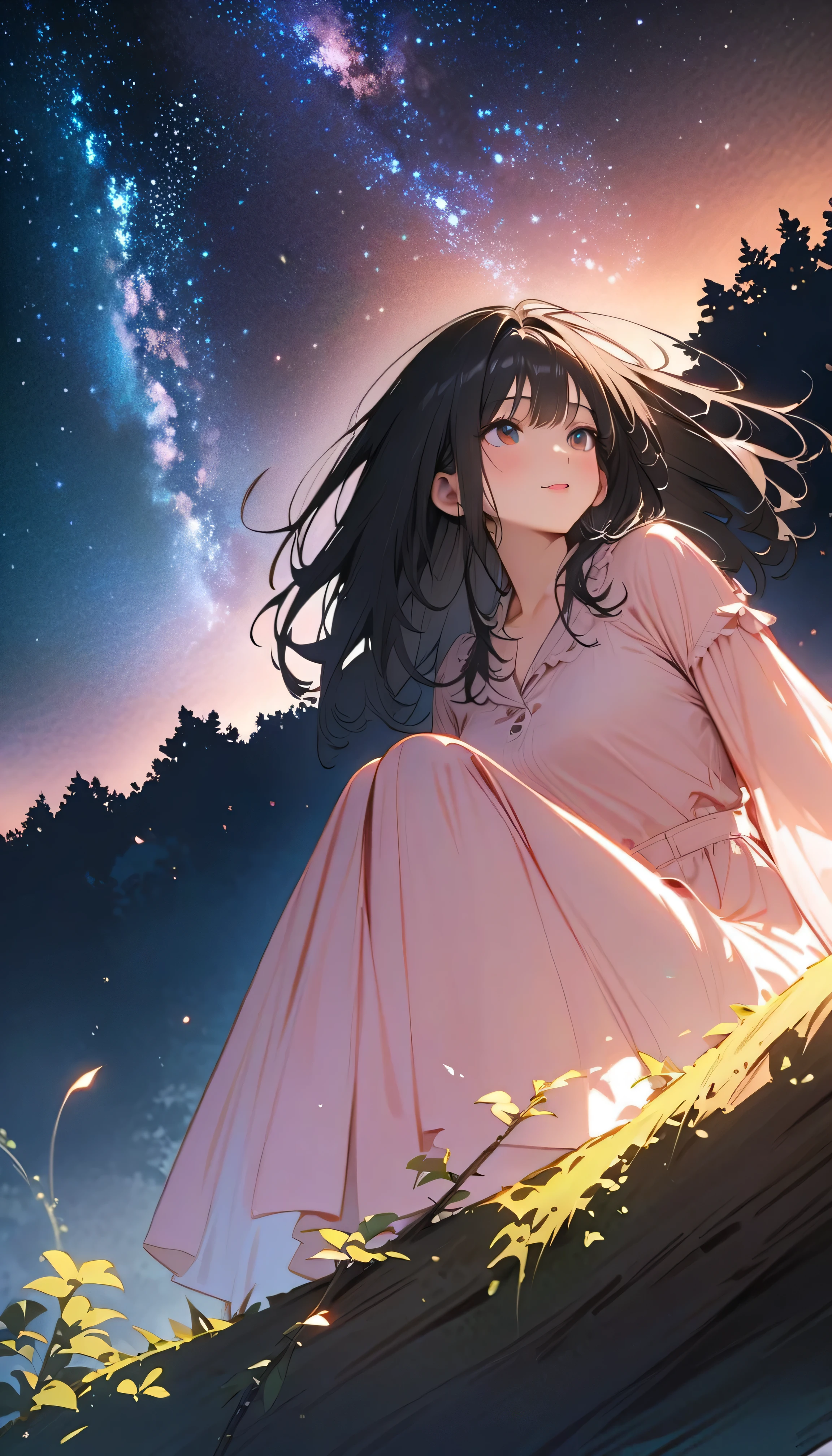 (best quality:1.2, 非常にdetailsな, newest, best quality, Best Aesthetics), 8K Ultra HD, 非常にdetailsな, details, Bold composition, (perfect human structure), beautiful and very delicate texture, delicate and dynamic, romantic and sweet style, concept art style, 非常に複雑なdetails, the contrast between light and dark is clear, Structured, fantastic night, light gradation , Vivid and gentle colors, An old tree, Fantastic starry sky, backlight, One nice girl, 非常にdetailsな目と顔, Dark Eyes, smooth skin texture , shiny skin, kind expression, Girl sitting on a tree branch, smiles, black hair, young, light clothing, 2.5d, realistic, looking up at the sky, angle from below