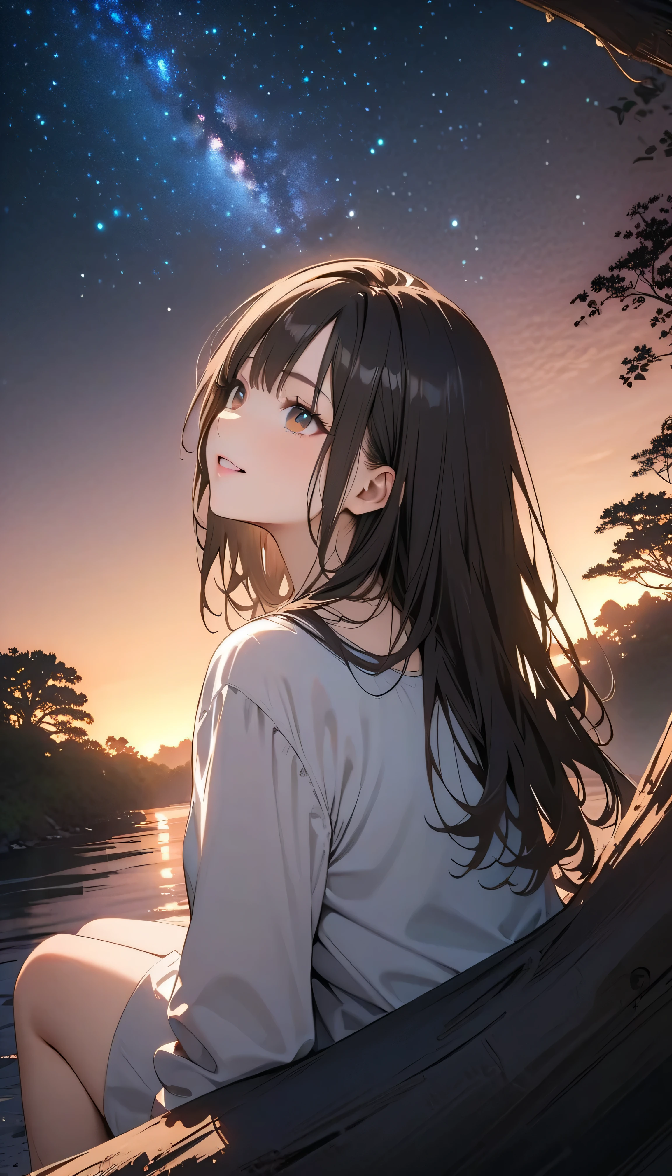 (best quality:1.2, 非常にdetailsな, newest, best quality, Best Aesthetics), 8K Ultra HD, 非常にdetailsな, details, Bold composition, (perfect human structure), beautiful and very delicate texture, delicate and dynamic, romantic and sweet style, concept art style, 非常に複雑なdetails, the contrast between light and dark is clear, Structured, fantastic night,  light gradation , Vivid and gentle colors, An old tree, Fantastic starry sky, backlight, One nice girl, 非常にdetailsな目と顔, Dark Eyes,  smooth skin texture , shiny skin, kind expression, Girl sitting on a tree branch, smiles, black hair,  young,  light clothing, 2.5d, realistic, looking up at the sky, angle from below