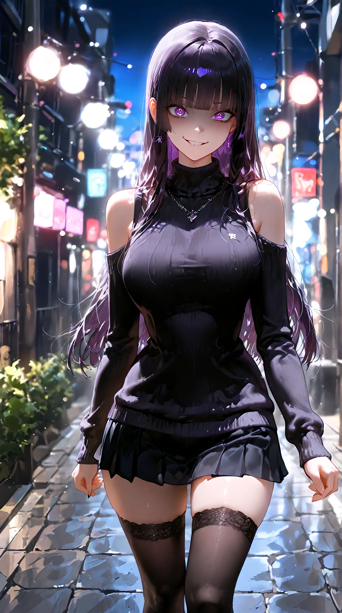 Masterpiece, Best quality, highly detailed, highres, highly detailed, 1 girl, long purple hair, purple eyes, large breast, black sleeveless office shirt, white bra, brown skirt, standing, walking in middle downtown, clothes sticking to her body, nipple perked out from under shirt,