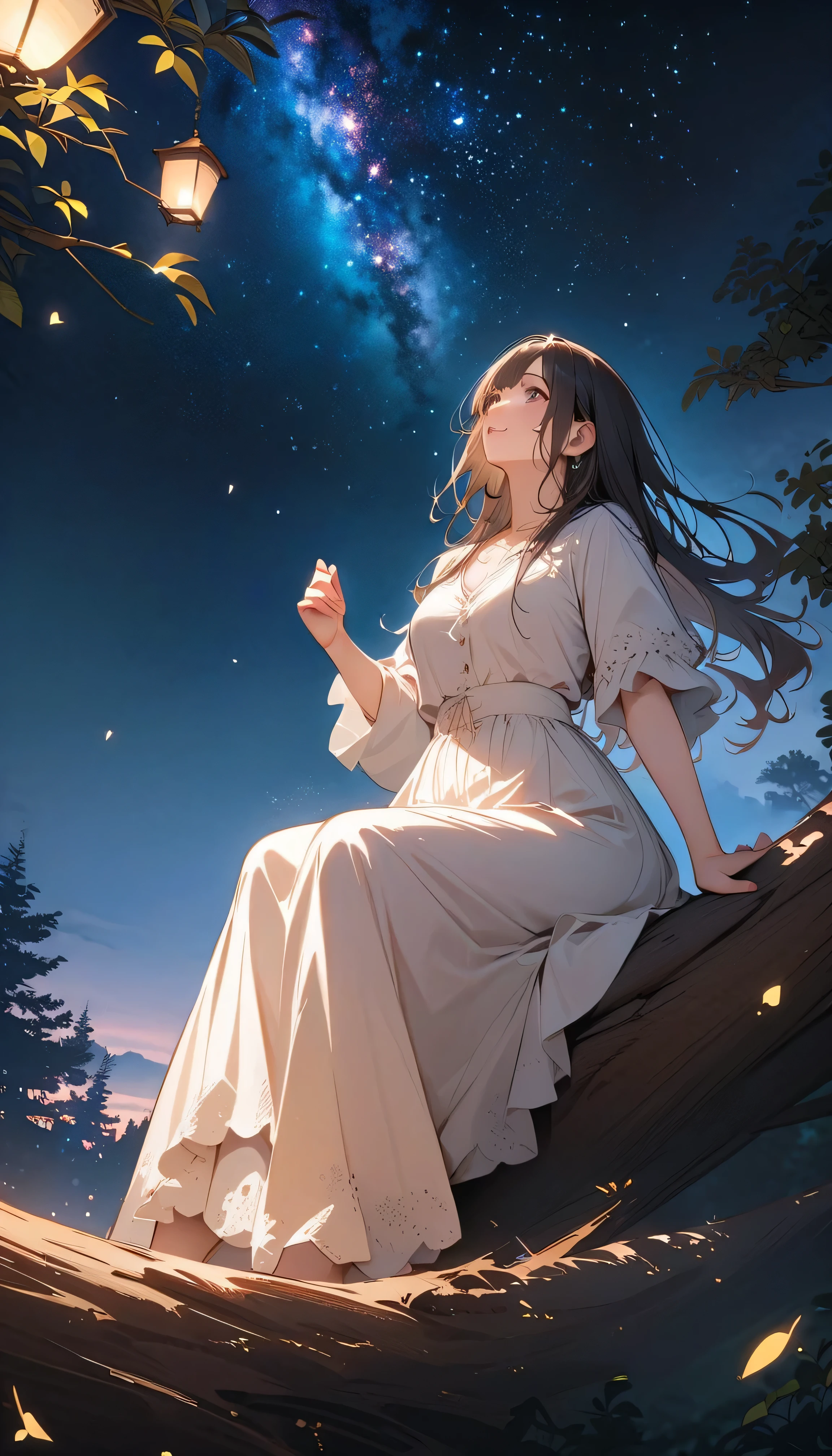 (best quality:1.2, 非常にdetailsな, newest, best quality, Best Aesthetics), 8K Ultra HD, 非常にdetailsな, details, Bold composition, (perfect human structure), beautiful and very delicate texture, Delicate and Dynamic, romantic and sweet style, concept art style, 非常に複雑なdetails, the contrast between light and dark is clear, Structured, fantastic night, light gradation , Vivid and gentle colors, An old tree, Fantastic starry sky, backlight, One nice girl, 非常にdetailsな目と顔, Dark Eyes, smooth skin texture , shiny skin, kind expression, Girl sitting on a tree branch, smiles, black hair, young, light clothing, 2.5d, realistic, looking up at the sky, angle from below